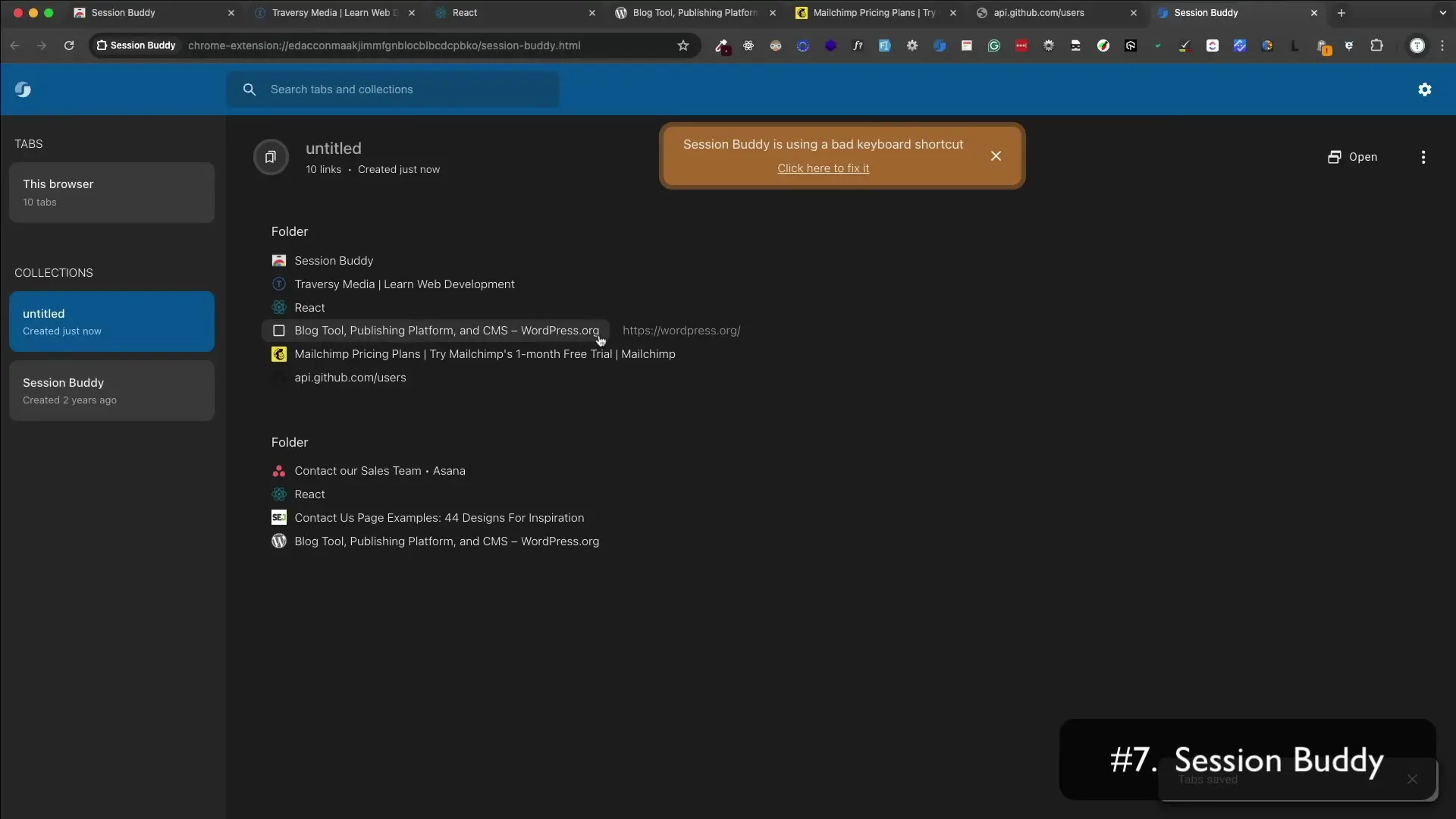Session Buddy organizes browser tabs into searchable collections, allowing developers to manage multiple workflows across development resources and documentation without losing their place