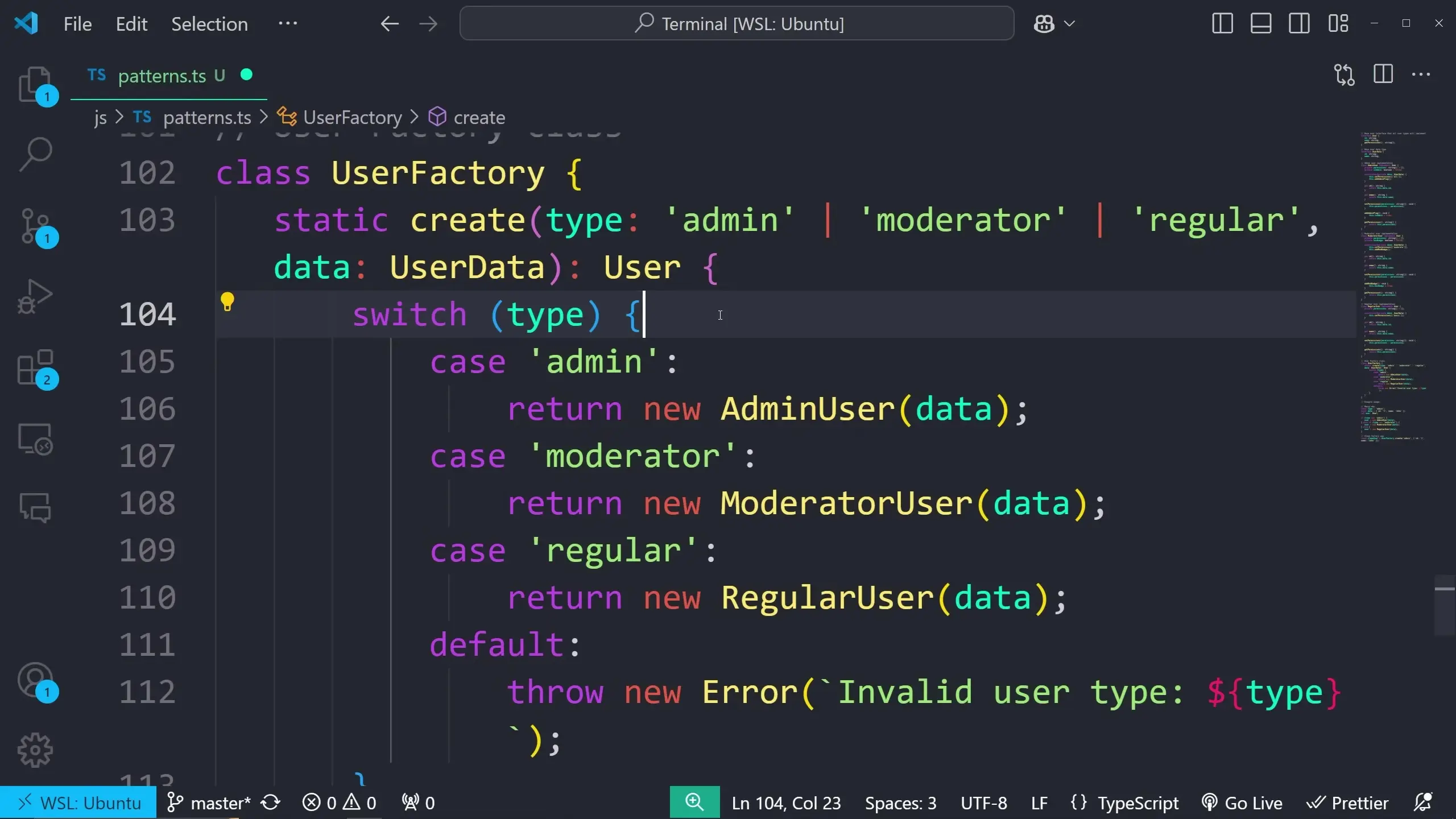 Factory Pattern implementation showing creation of different user types with centralized instantiation logic