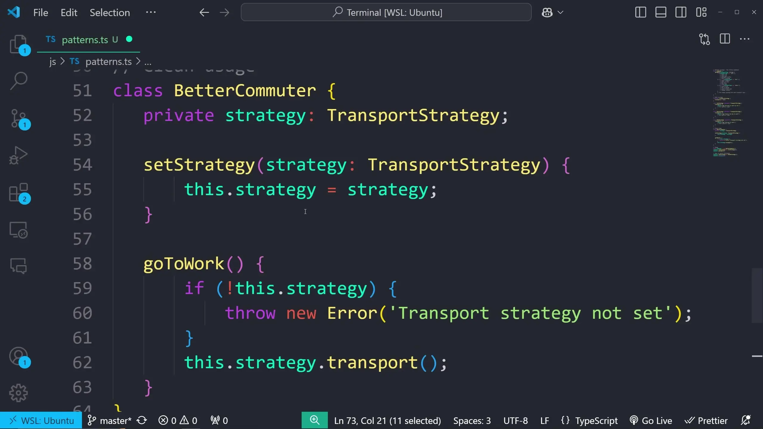 Strategy Pattern implementation showing dynamic selection of transport methods with error handling