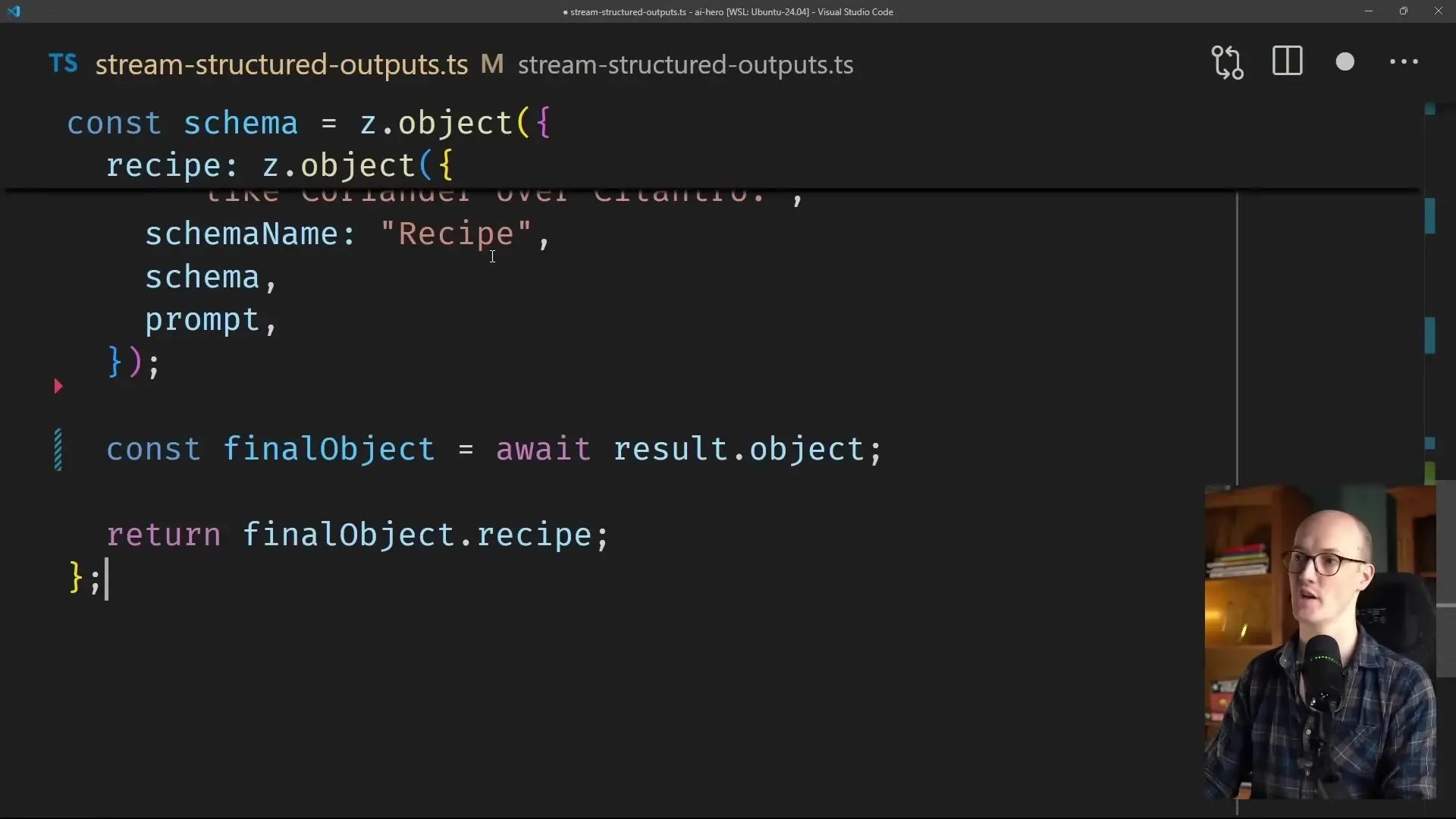 Schema definition code using Vercel's AI SDK showing structured outputs for recipe handling in TypeScript, demonstrating type-safe AI responses