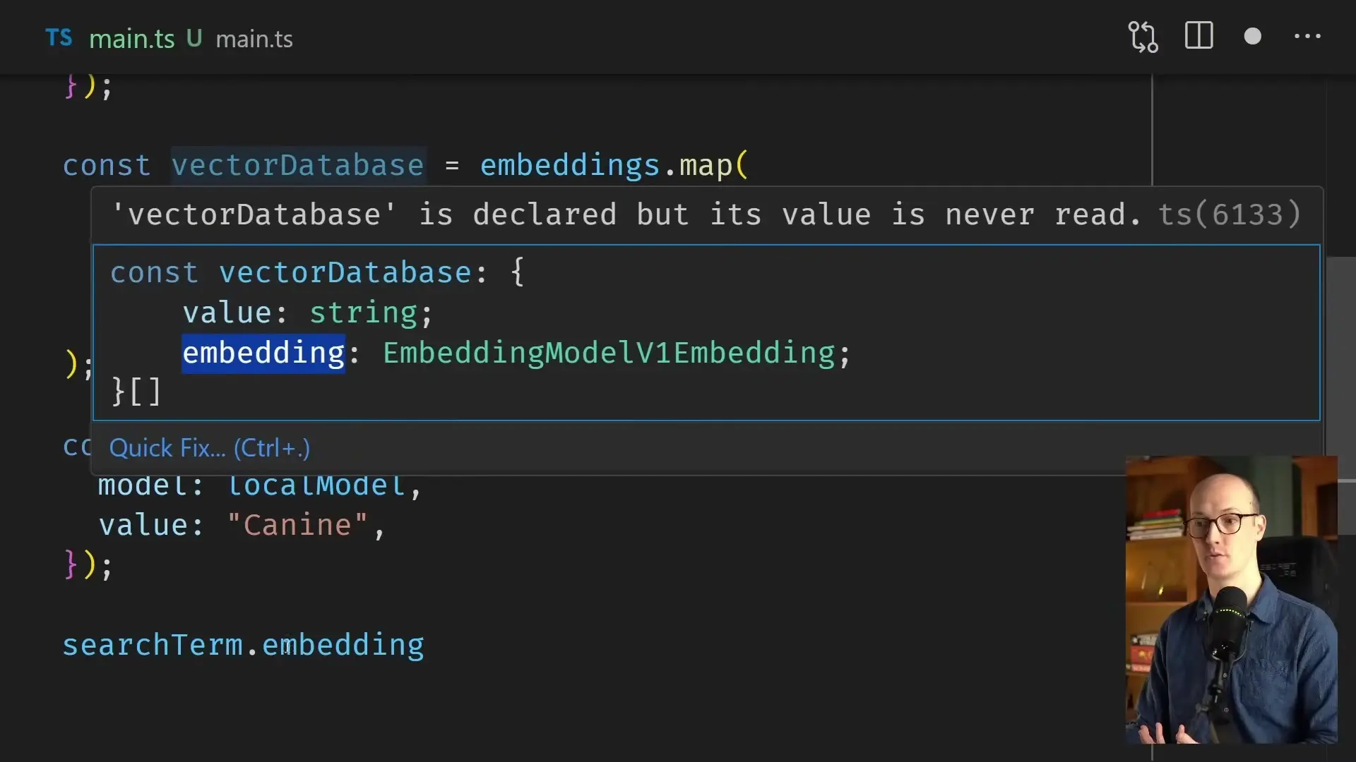 TypeScript code implementation of vector database integration with Vercel's AI SDK, showing embedding models and type declarations for advanced retrieval-augmented generation