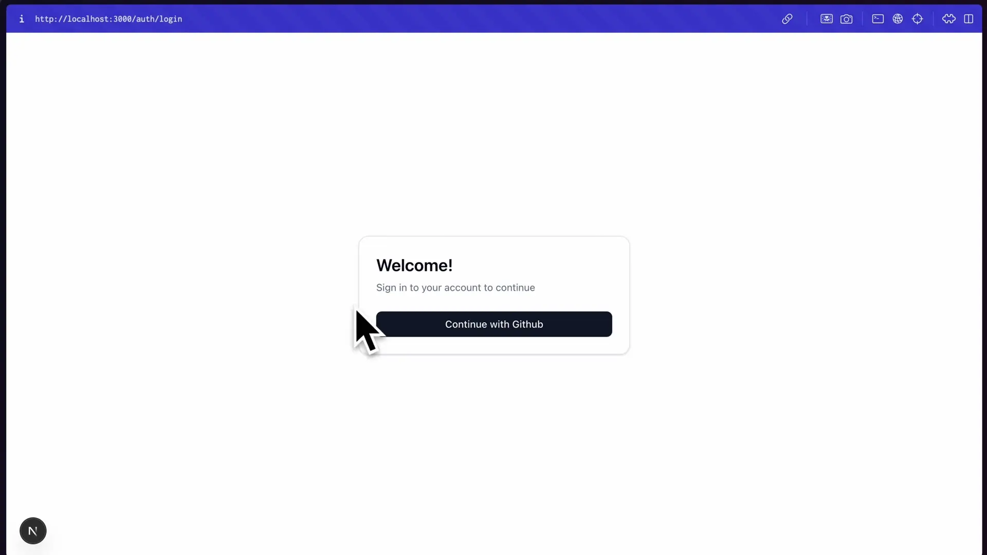 The social login component displaying GitHub authentication option in a Next.js application