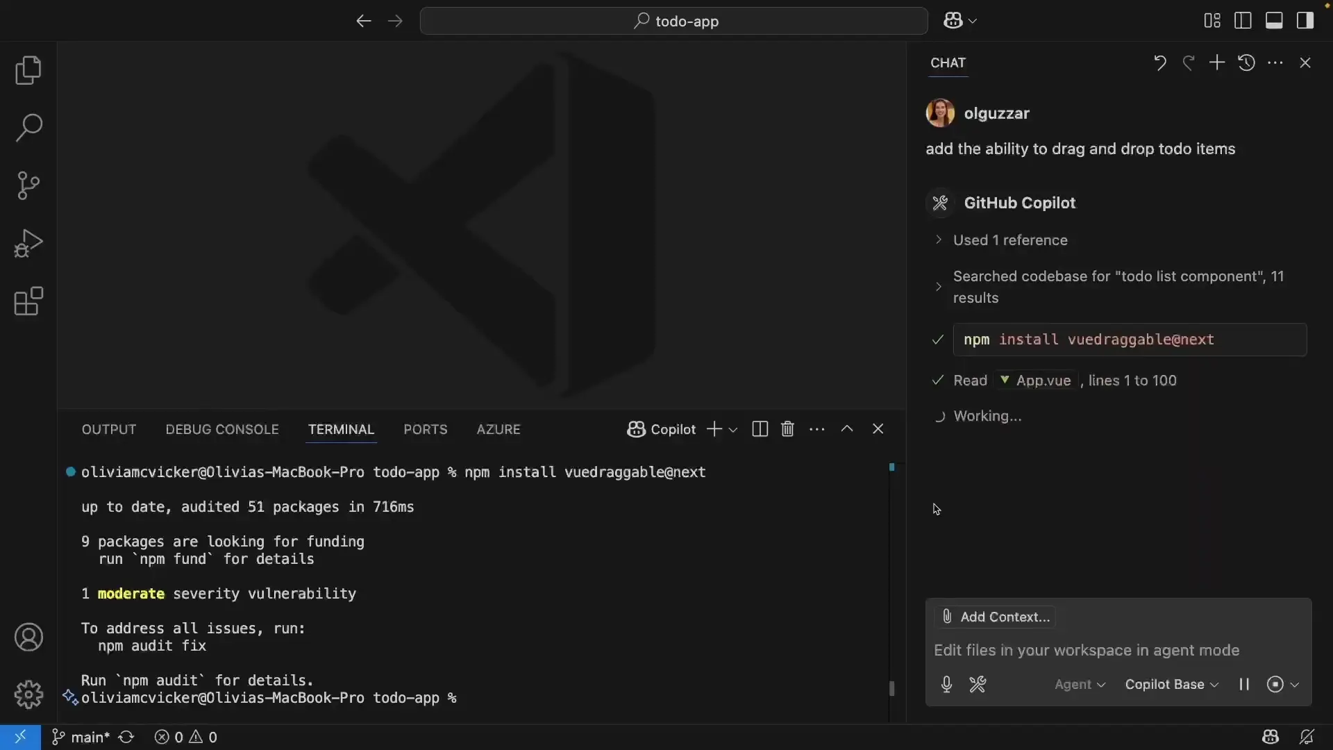 GitHub Copilot's agent mode in action, helping implement a todo app with automated package installation via terminal commands