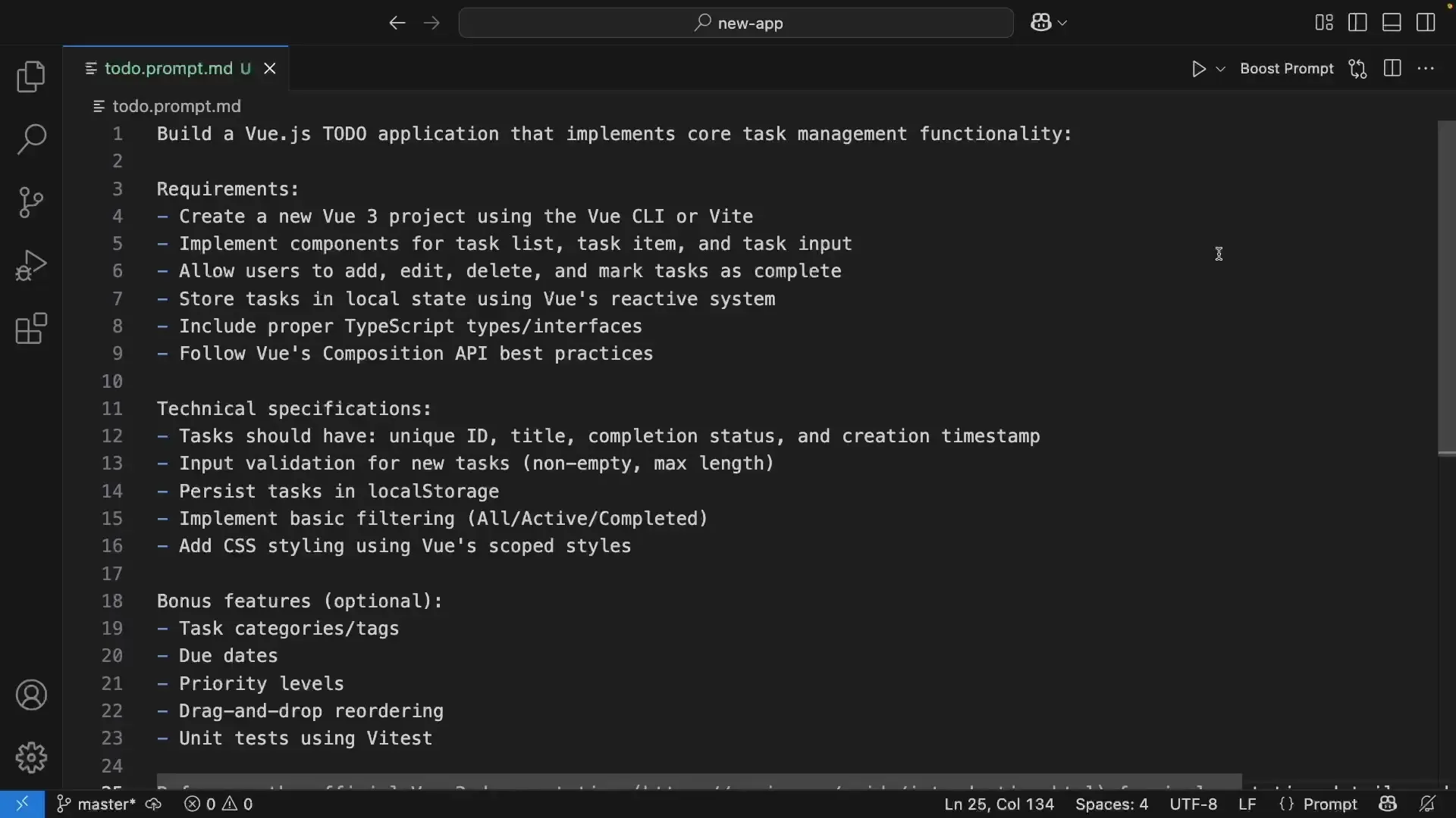 The Prompt Boost extension enhancing a Todo application prompt with detailed technical specifications and best practices for Vue.js implementation