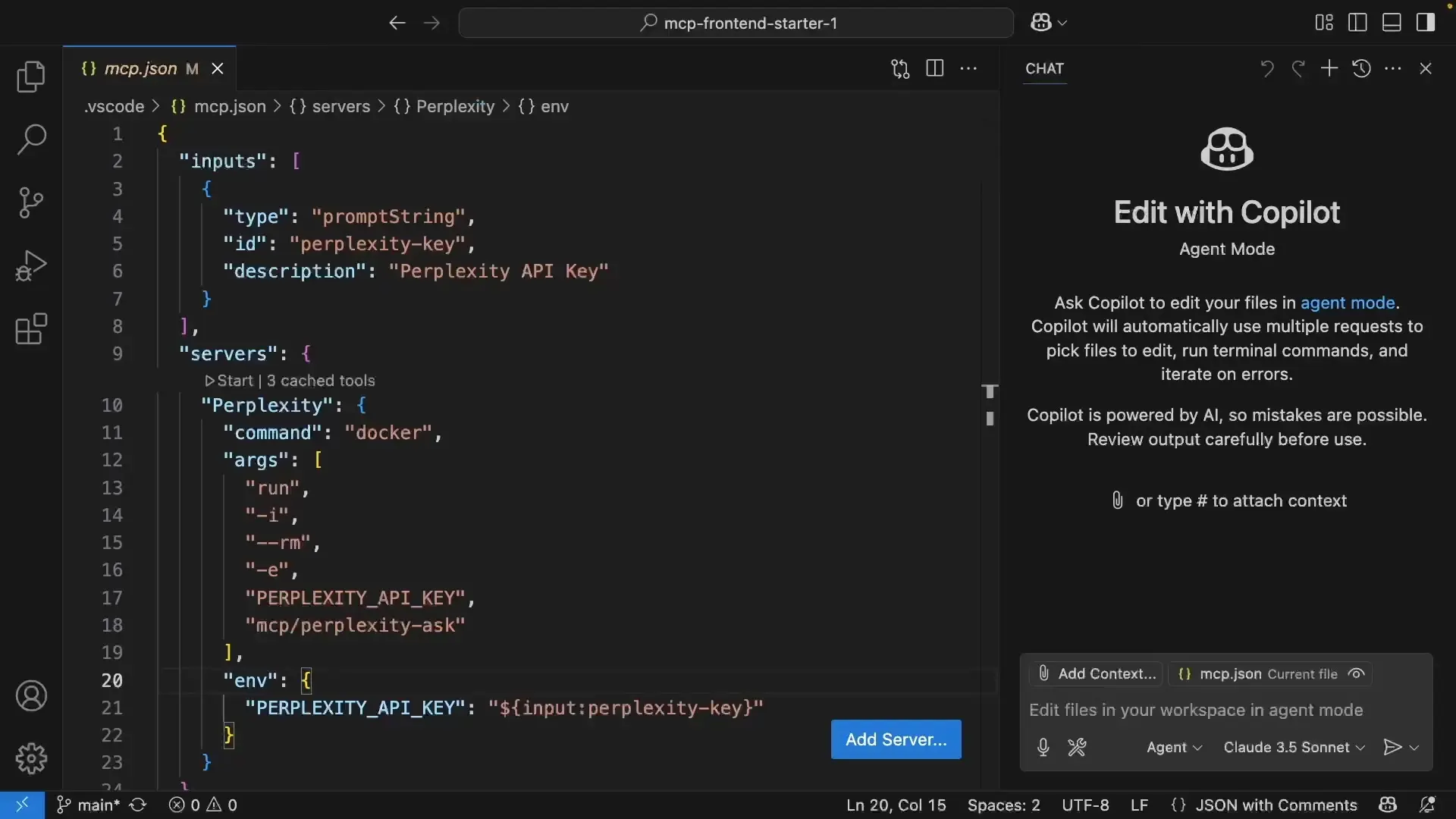 MCP.json configuration file showing Perplexity API integration with GitHub Copilot's Agent Mode for enhanced research capabilities