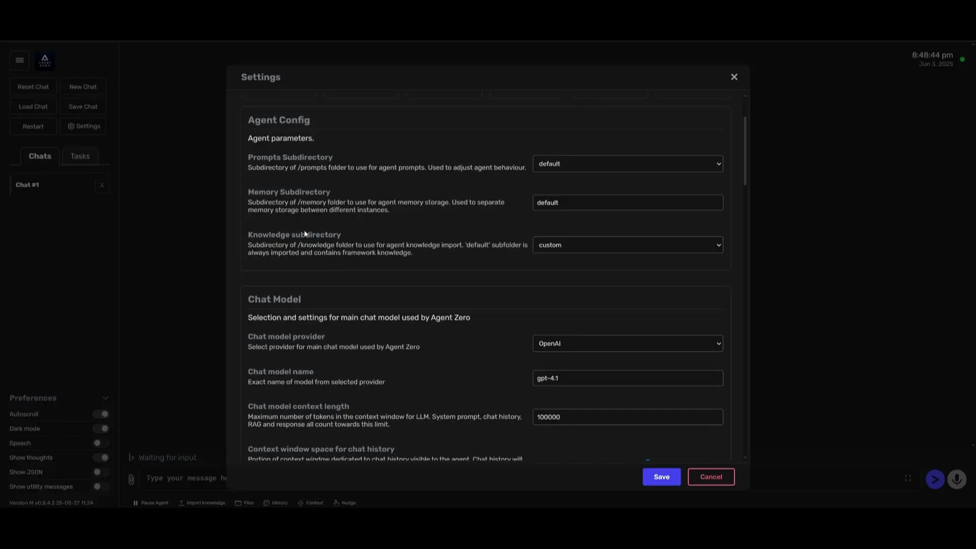 Agent Zero configuration screen showing settings for memory and model selection