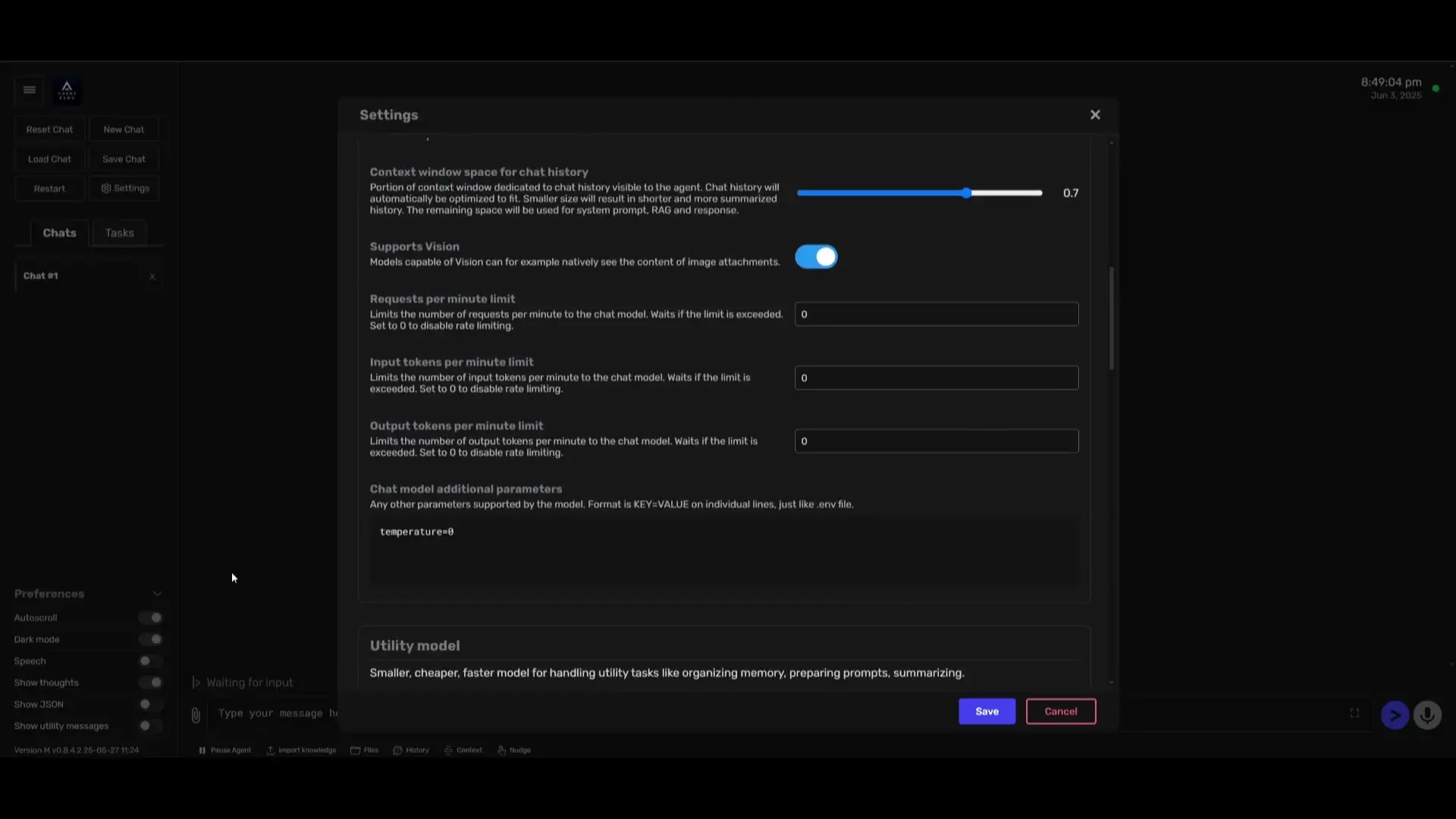 API key configuration screen for connecting Agent Zero to AI model providers