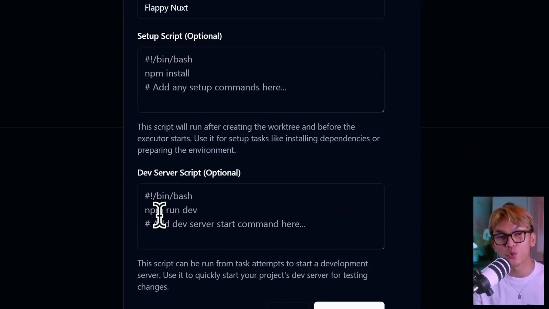 Vibe Kanban project setup interface showing customization options for development scripts