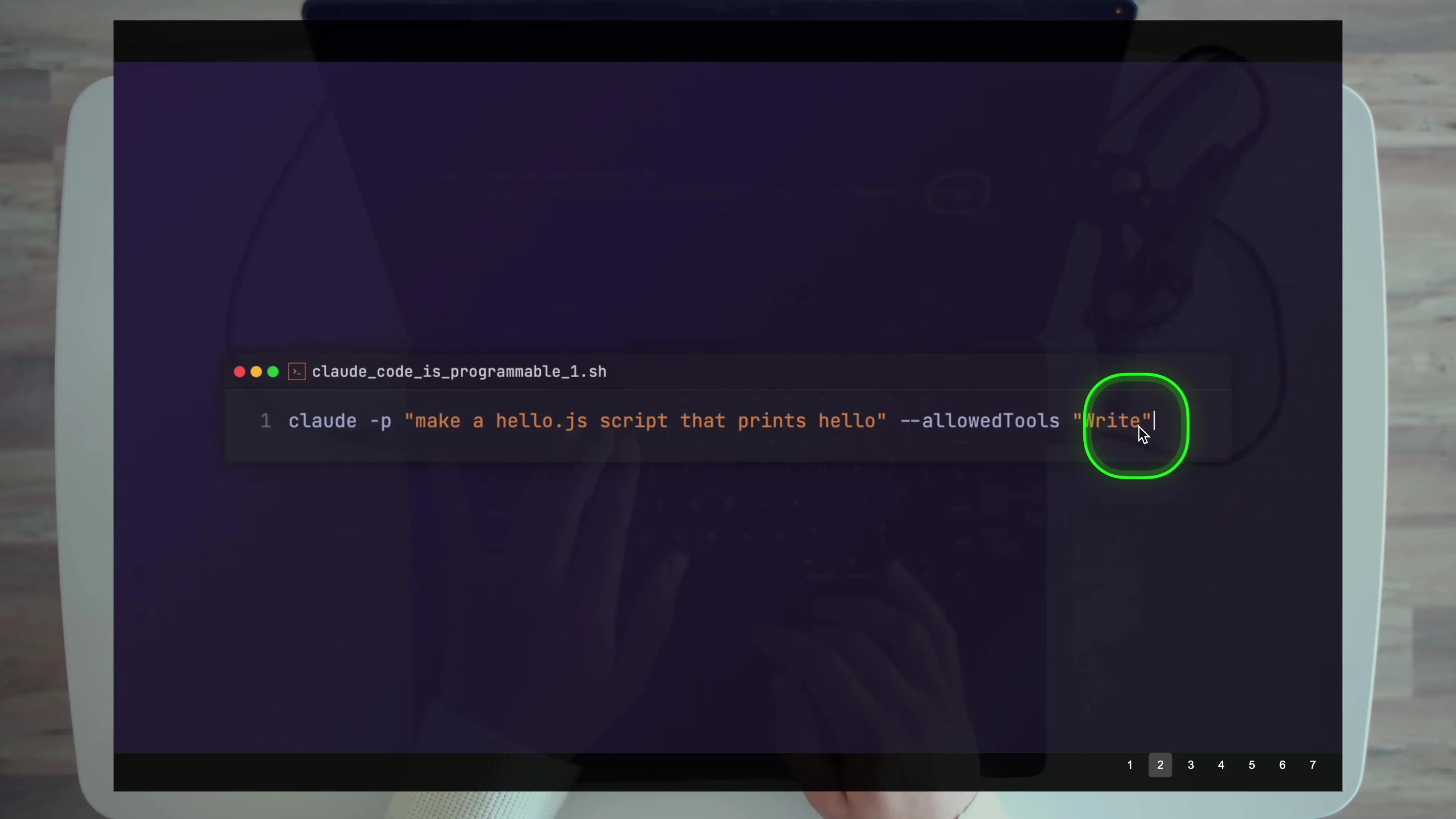 Claude Code's command-line interface showing how to create a JavaScript file with a simple prompt and the write tool, demonstrating its agentic capabilities through the command-line