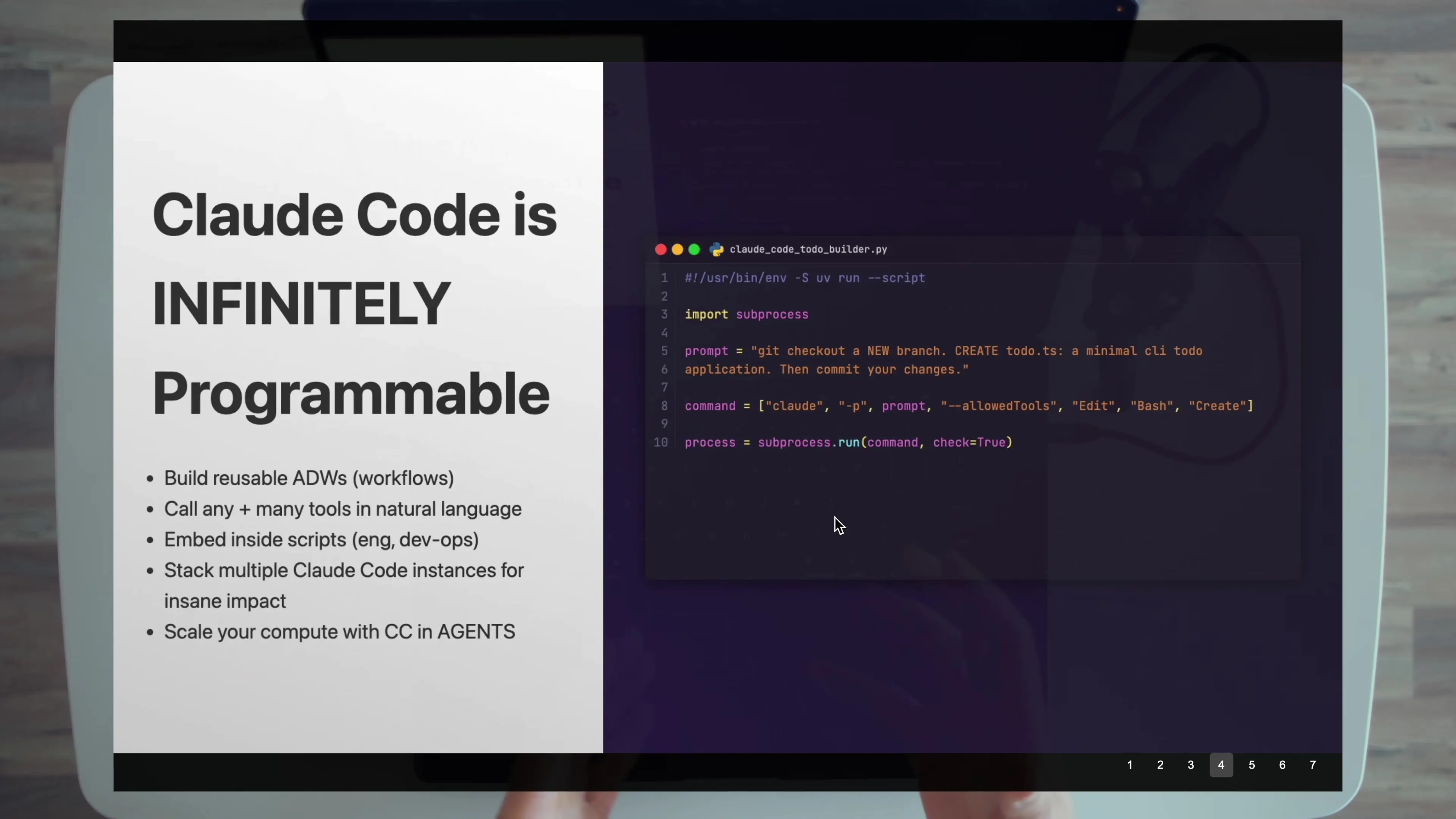 Demonstration of Claude Code's programmability with Python code showing how to integrate Claude's agentic features into custom workflows through subprocess commands