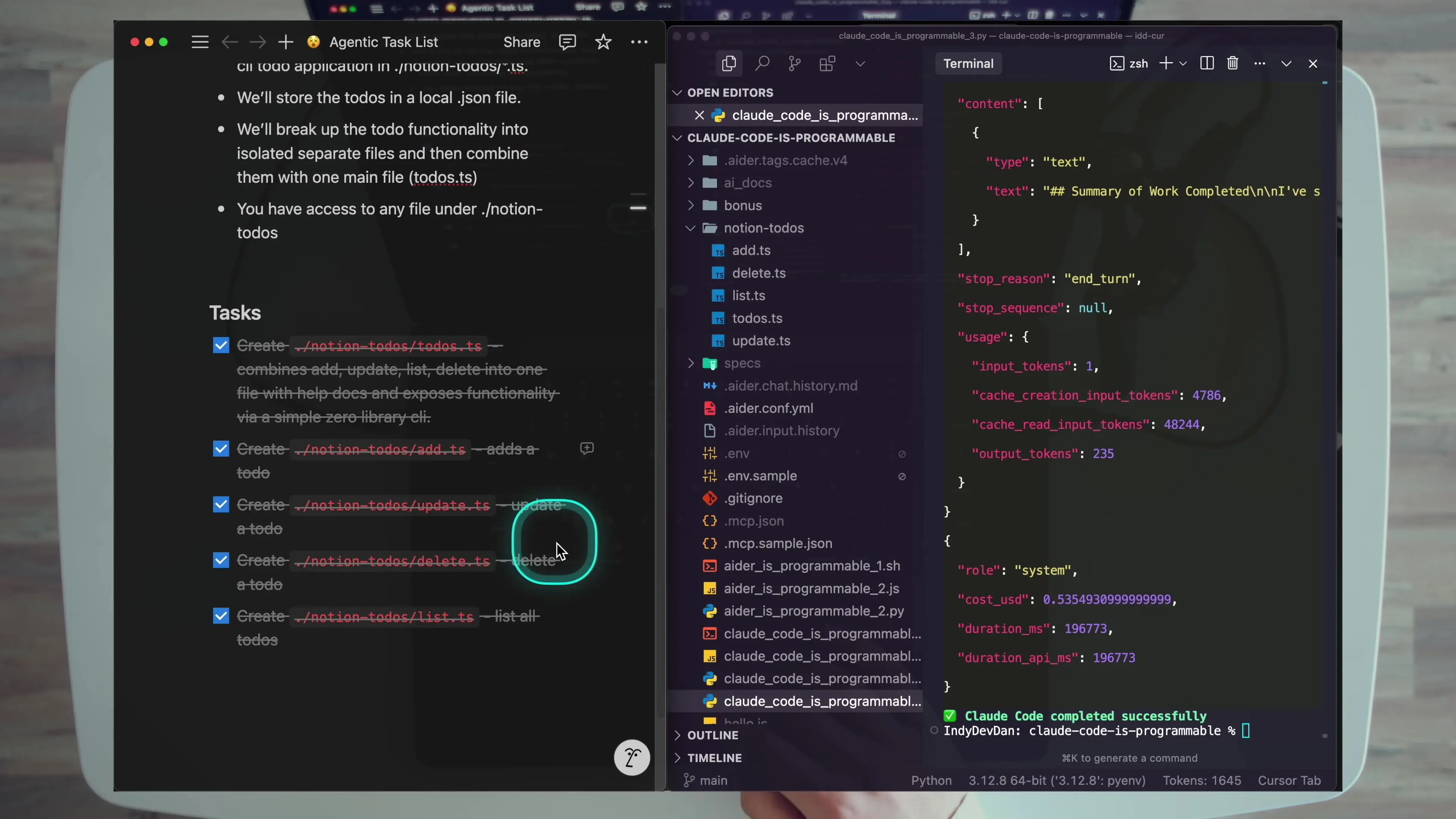 Claude Code implementing a todo application with split-screen view showing the task requirements and resulting code structure, demonstrating how agentic coding handles complex implementation tasks