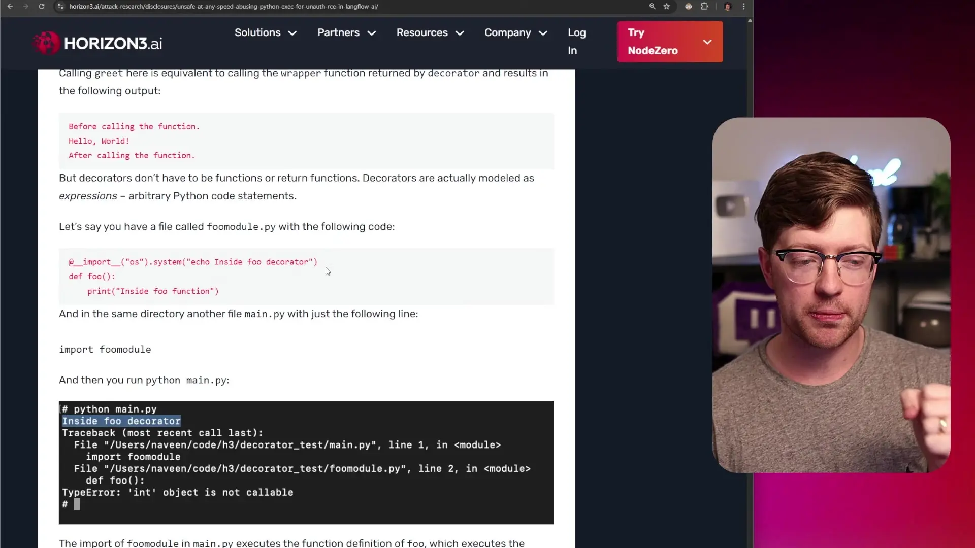 Python code showing the vulnerability in Langflow where decorator functions could be exploited to execute arbitrary code during validation, demonstrating how AI-focused tools can introduce critical security risks