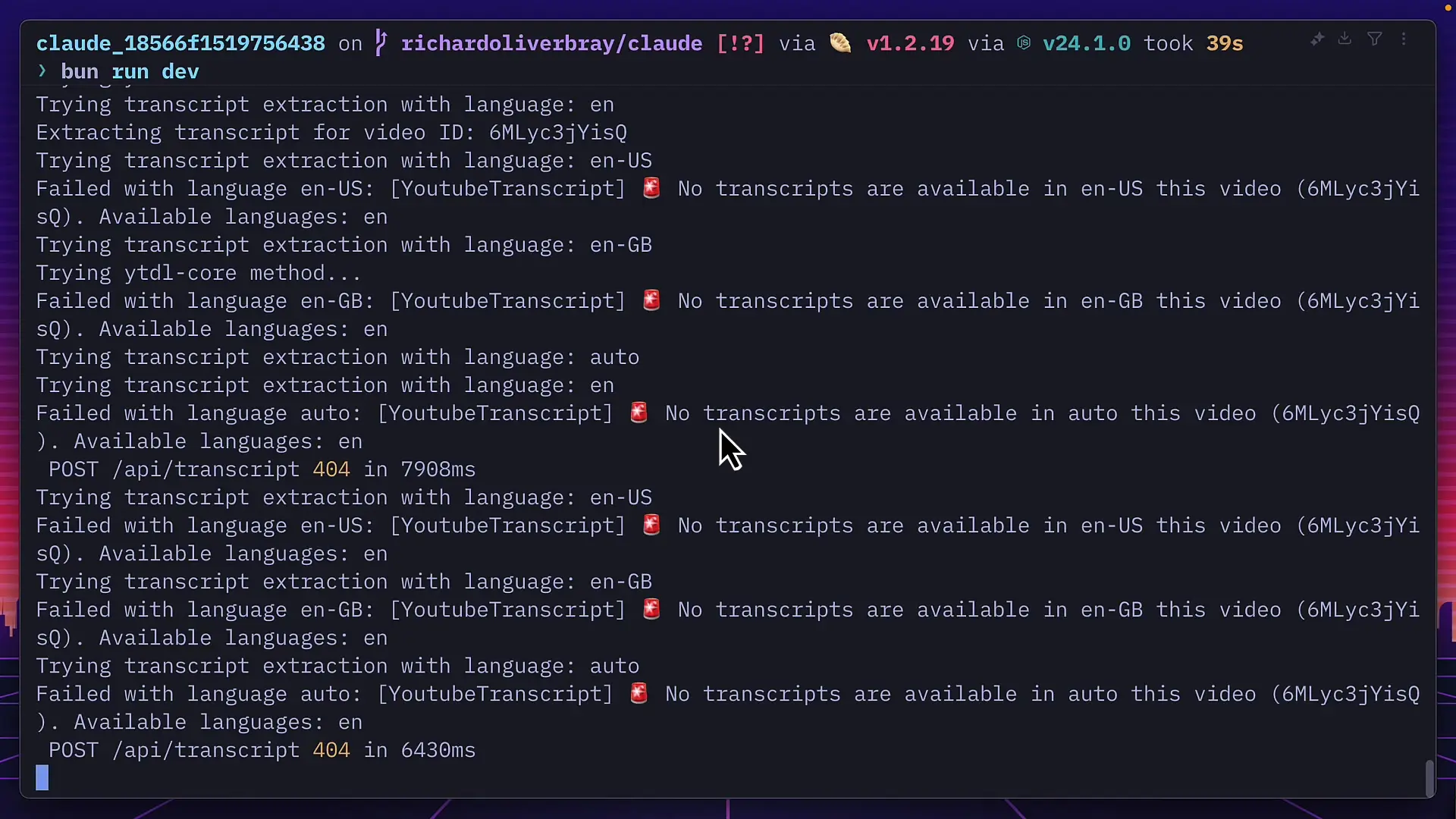 Claude 4's application encountering issues with YouTube transcript extraction