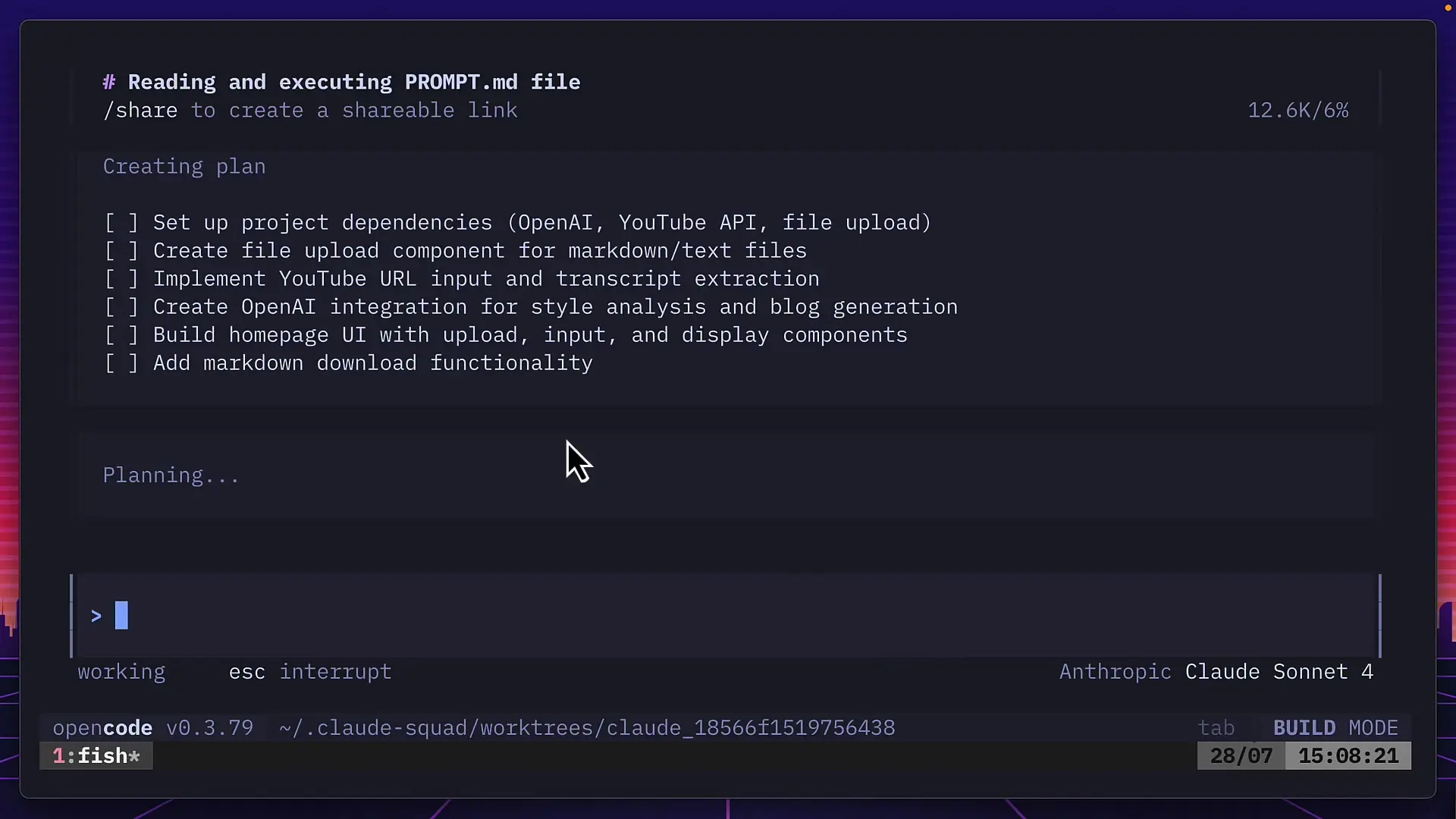 Claude 4 creating a structured plan and setting up dependencies with Bun