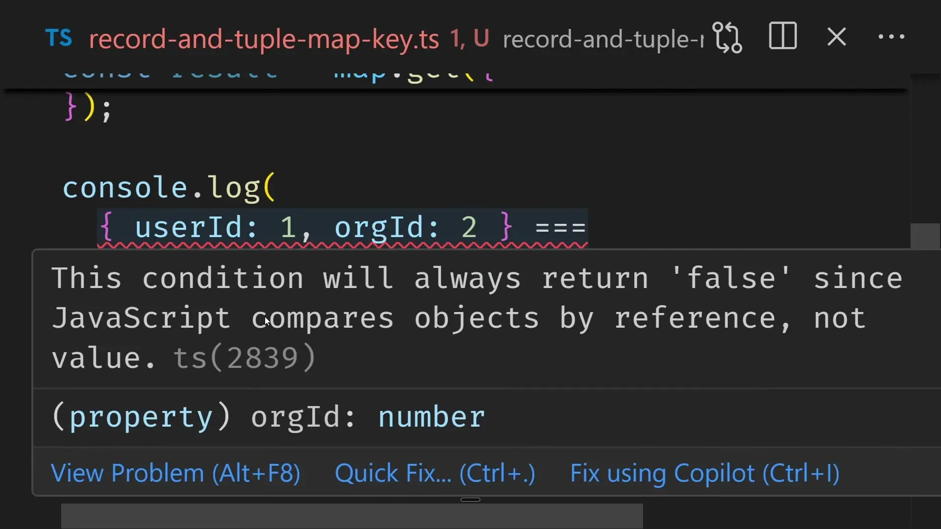 TypeScript clearly warns that object comparison by reference is a limitation, showing why the Composites proposal is a crucial advancement for JavaScript