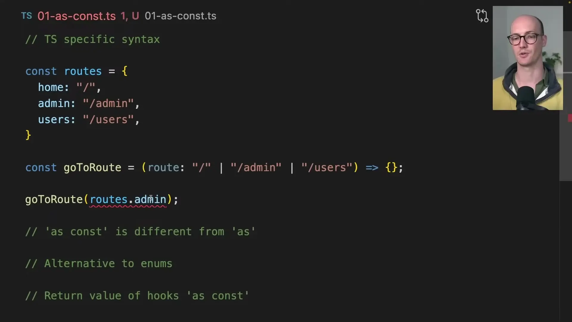 Comparison showing how 'as const' changes type inference from generic strings to specific string literals