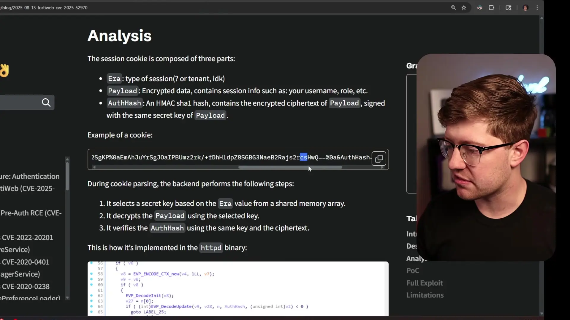 FortiWeb cookie structure showing the payload and offash fields used in authentication