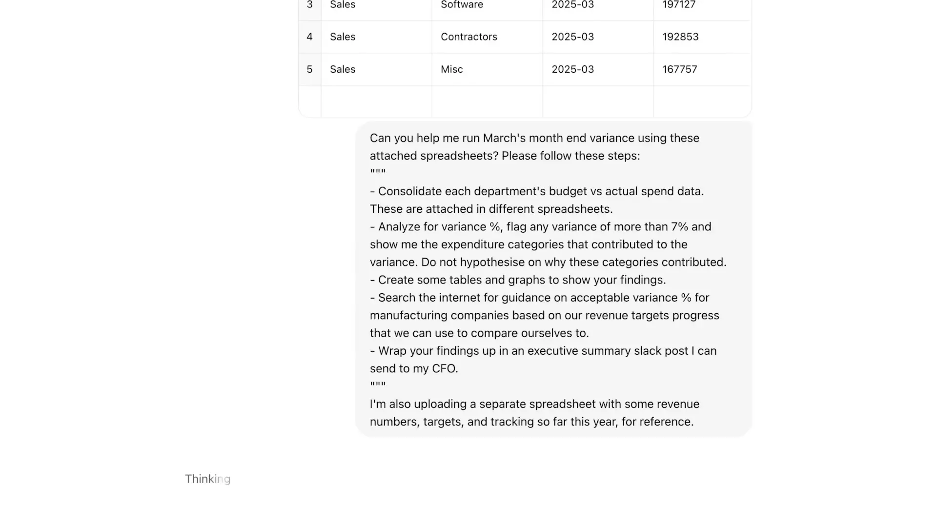 Financial data spreadsheet showing department metrics for month-end variance analysis, demonstrating the type of complex data OpenAI O3 can process automatically.