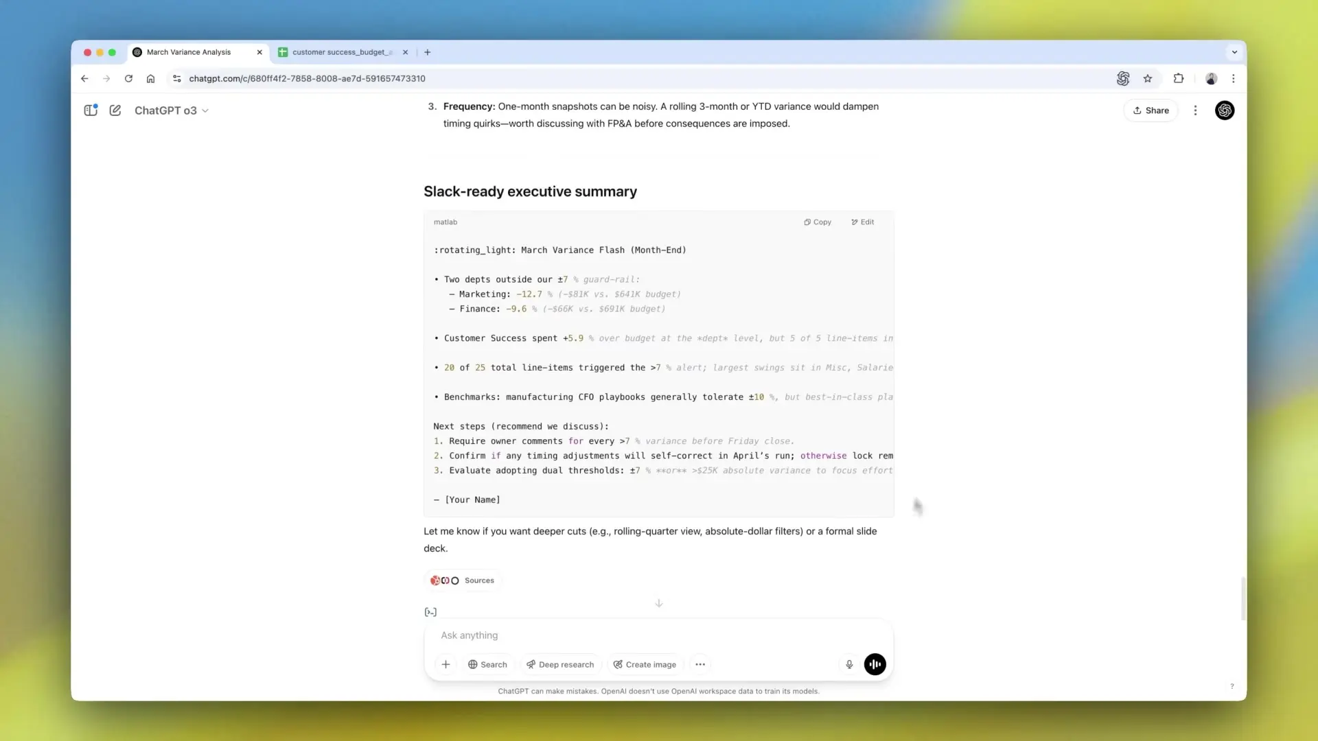 O3 generating a complete executive summary with financial variance analysis, ready for Slack distribution to CFO and leadership team.