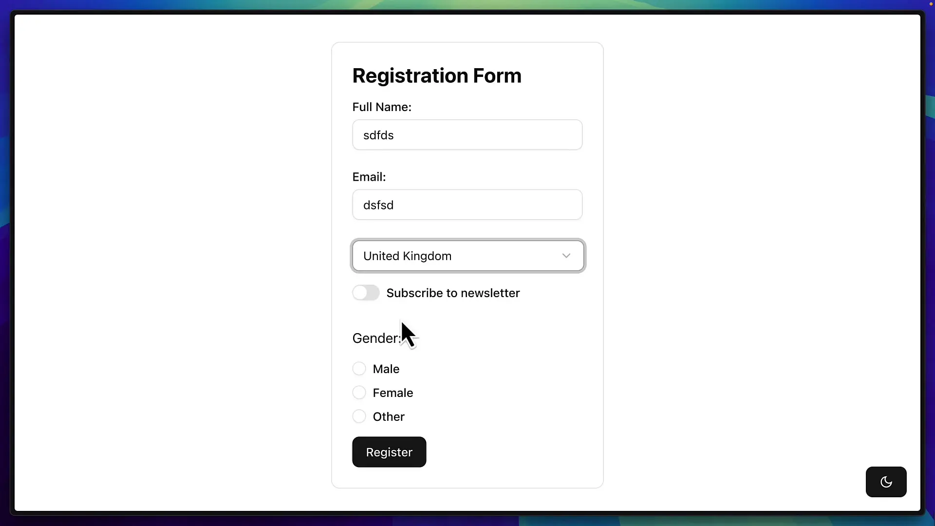 A registration form built with Base Coat showing styled inputs, dropdown, toggle switch and radio buttons—all without React
