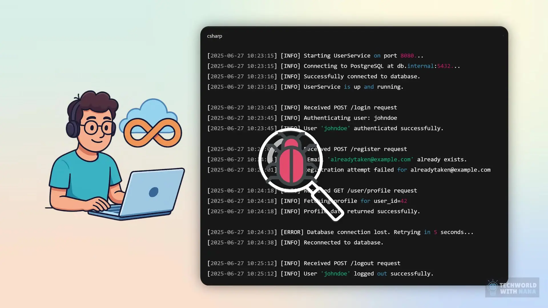 Log files containing various error messages that need daily analysis and monitoring