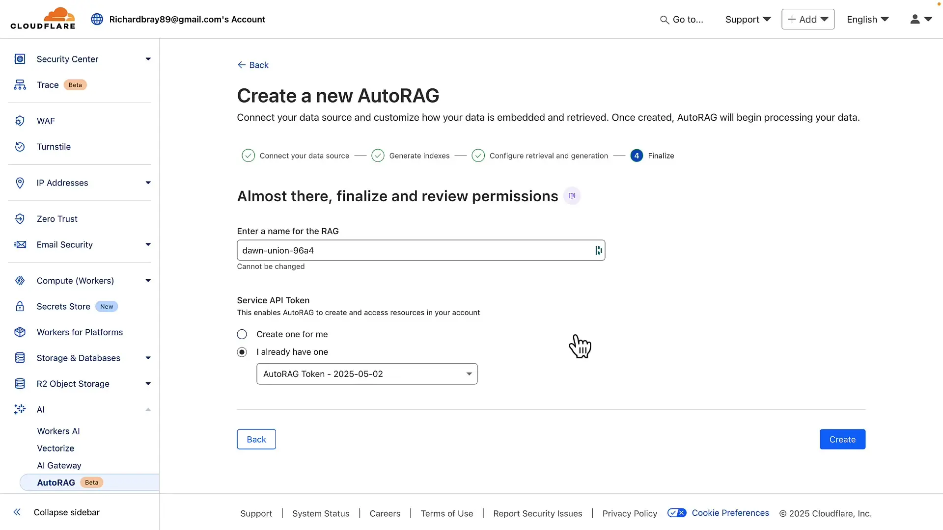 The Cloudflare interface makes it easy to configure your AutoRAG system with just a few clicks
