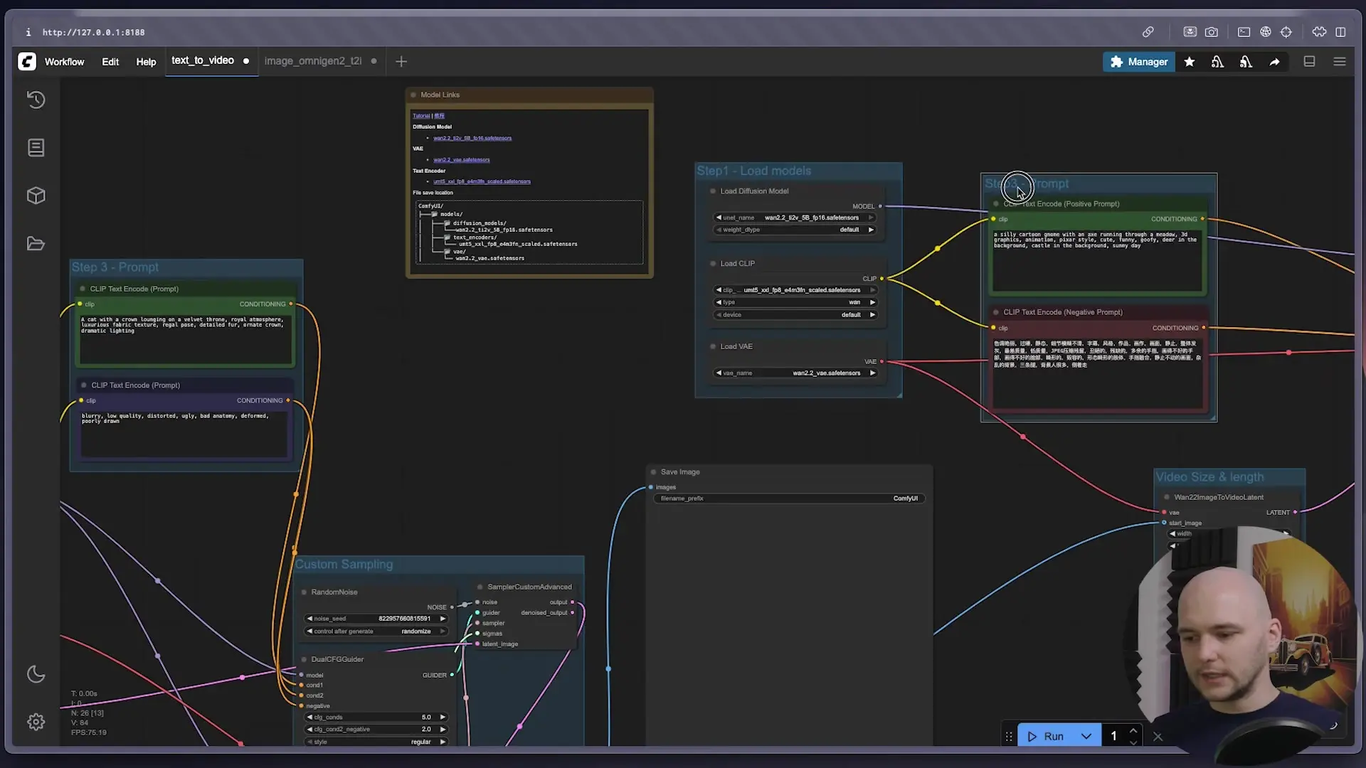 Workflow configuration showing how to properly connect the text prompts to both the image and video generation components