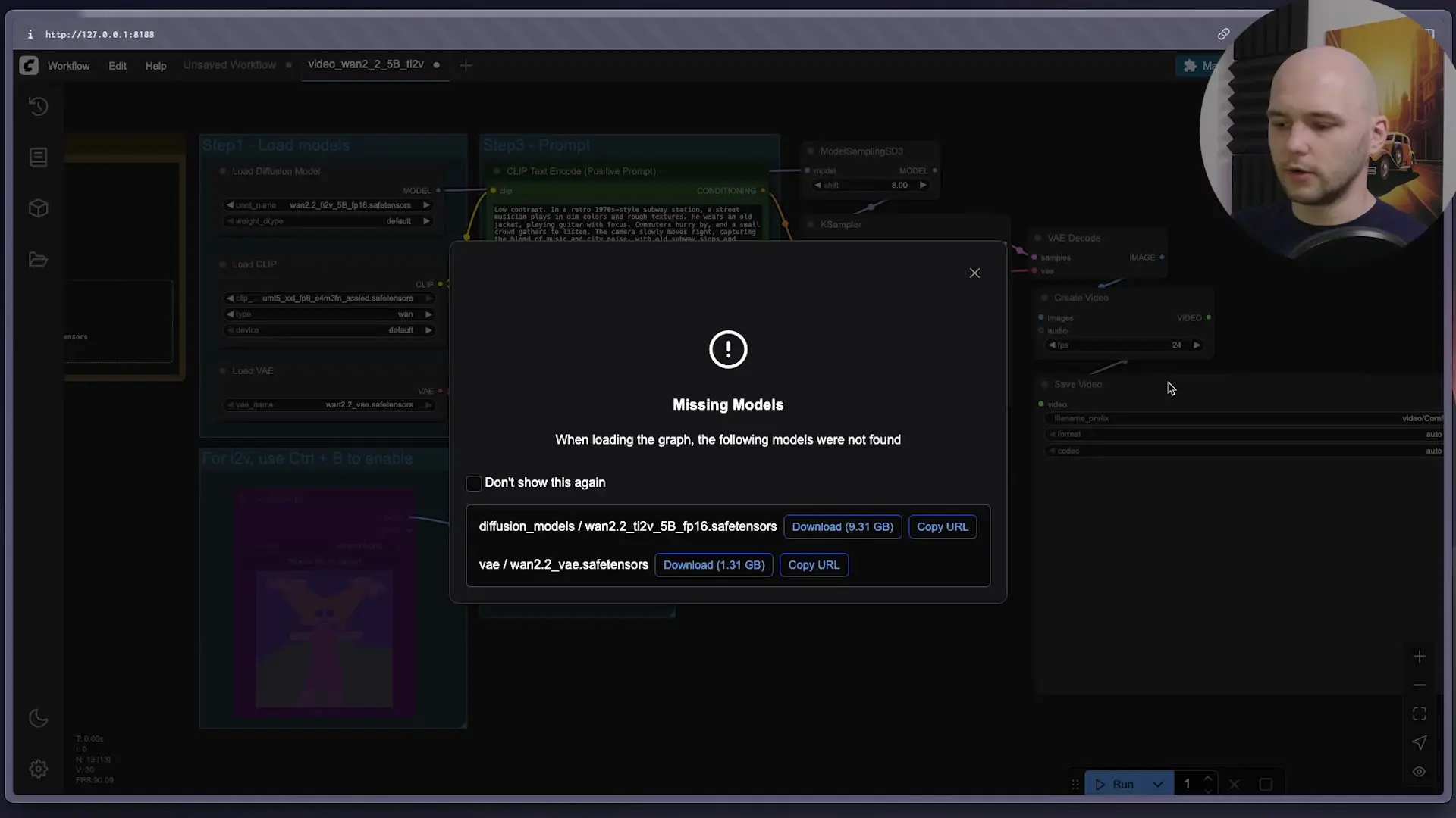 ComfyUI interface showing missing model warnings that need to be downloaded before the workflow can run properly
