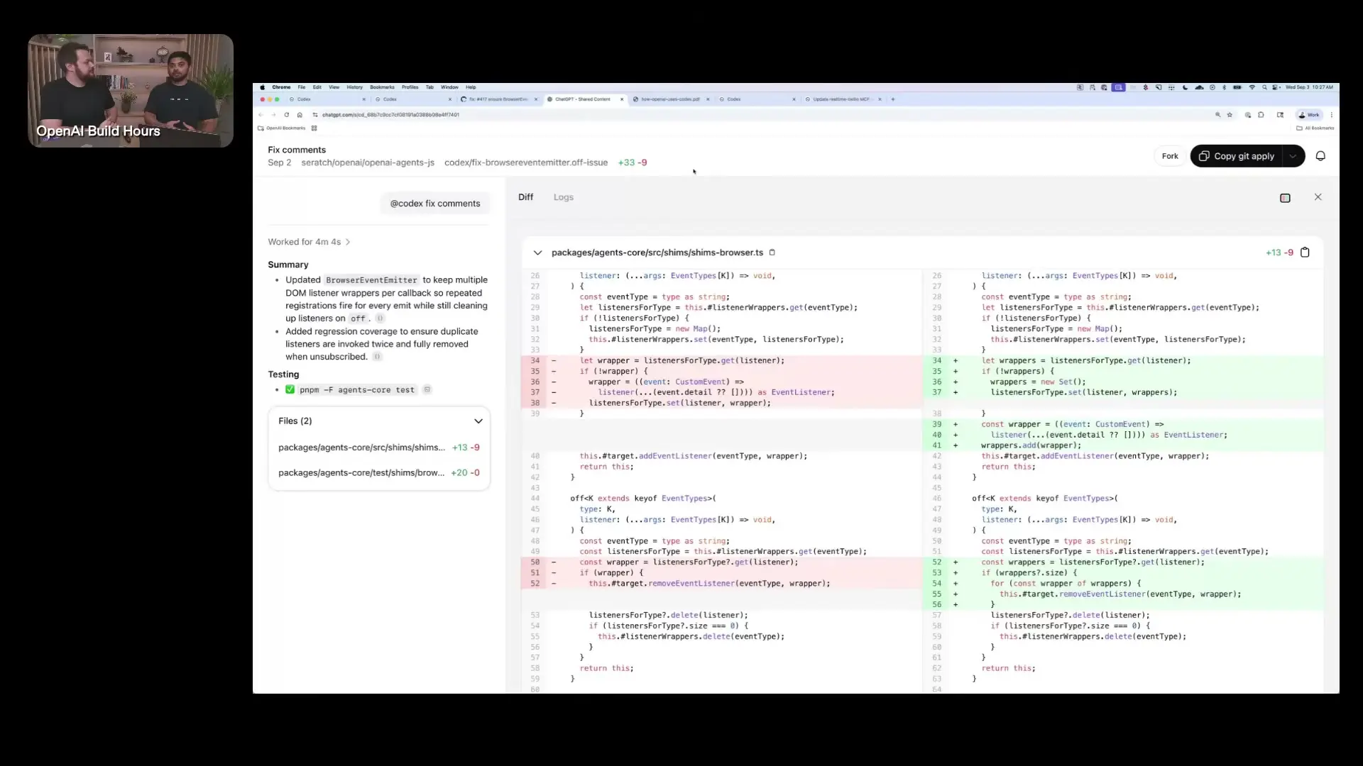 Codex framework providing detailed code review feedback, functioning as an expert collaborator in your development process