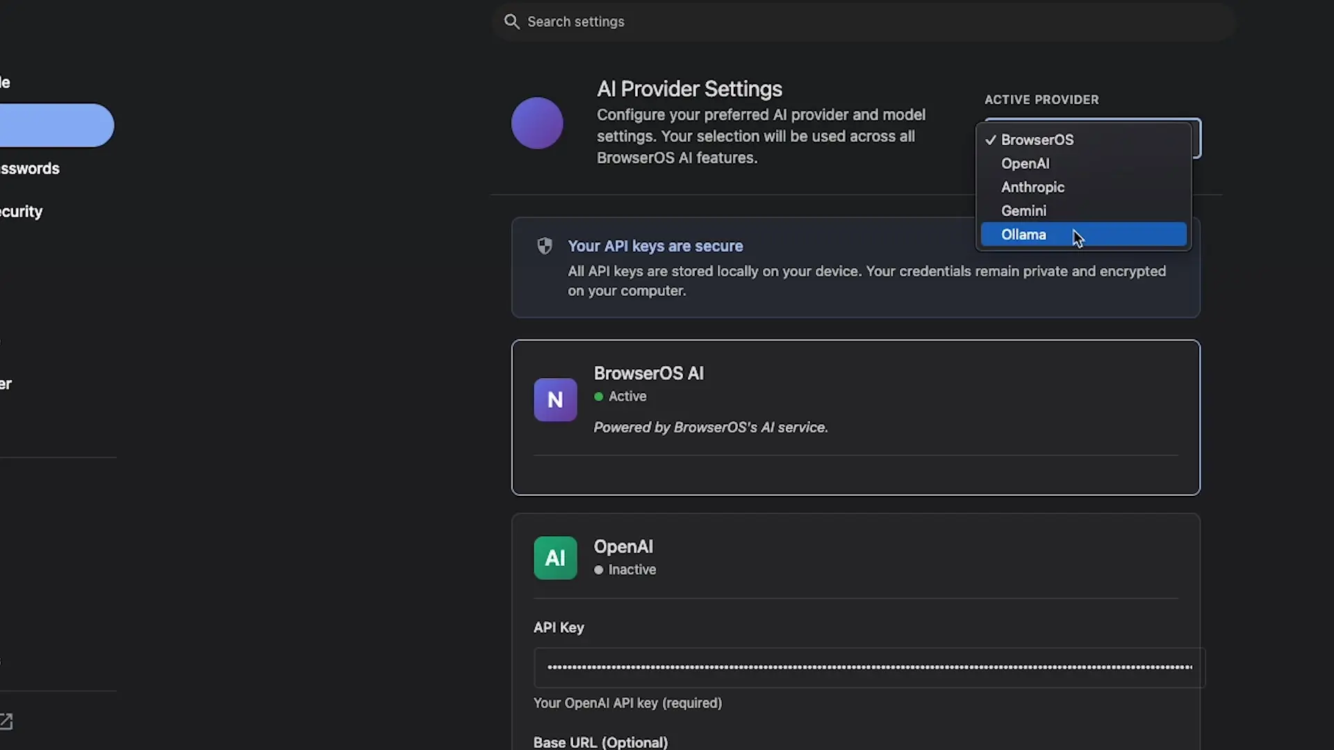 Browser OS supports multiple AI models including OpenAI, Gemini, and Anthropic