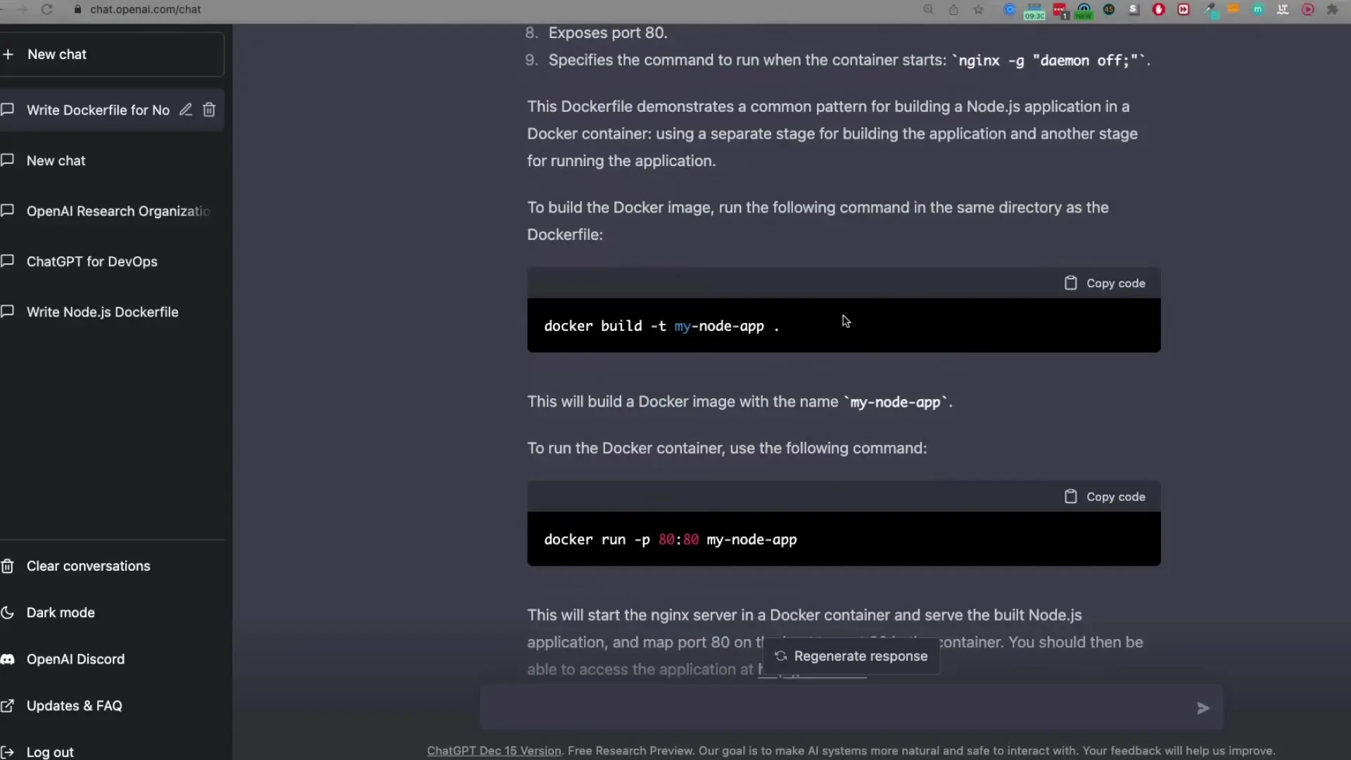 ChatGPT generating specialized Docker configurations based on specific technical requirements