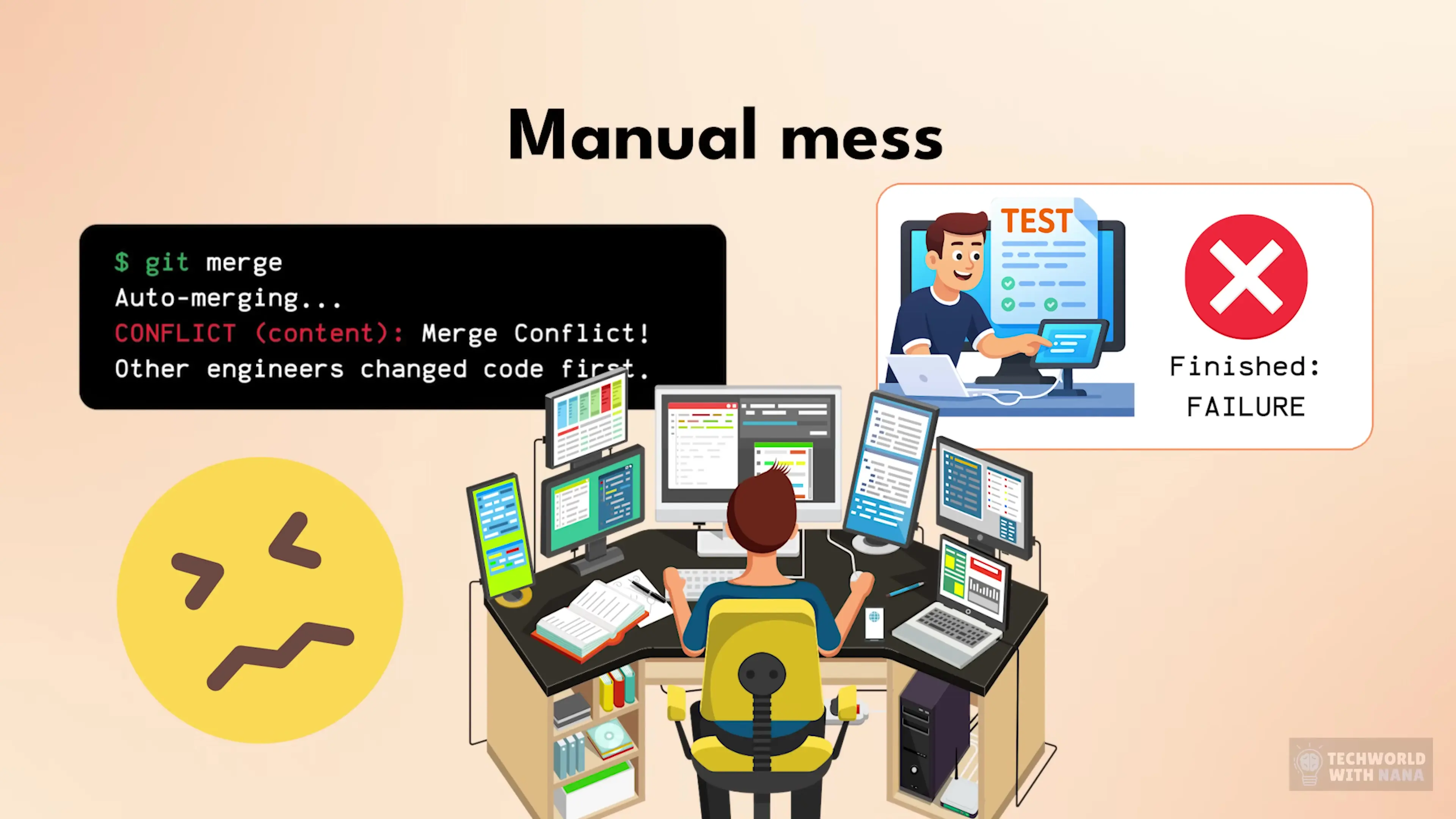 The chaotic workflow of manual deployment showing merge conflicts, failed tests, and bottlenecks that CI/CD practices are designed to eliminate