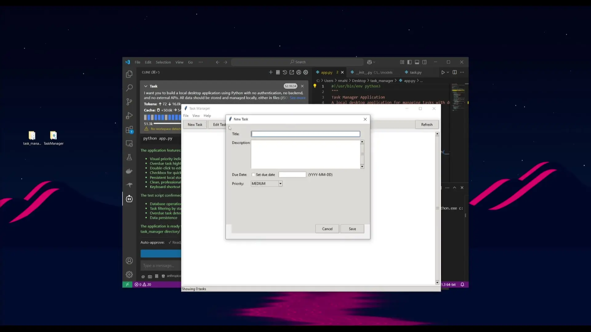 Python task manager application with functional interface demonstrating the code quality differences between Claude 4 and Gemini 2.5 Pro implementations