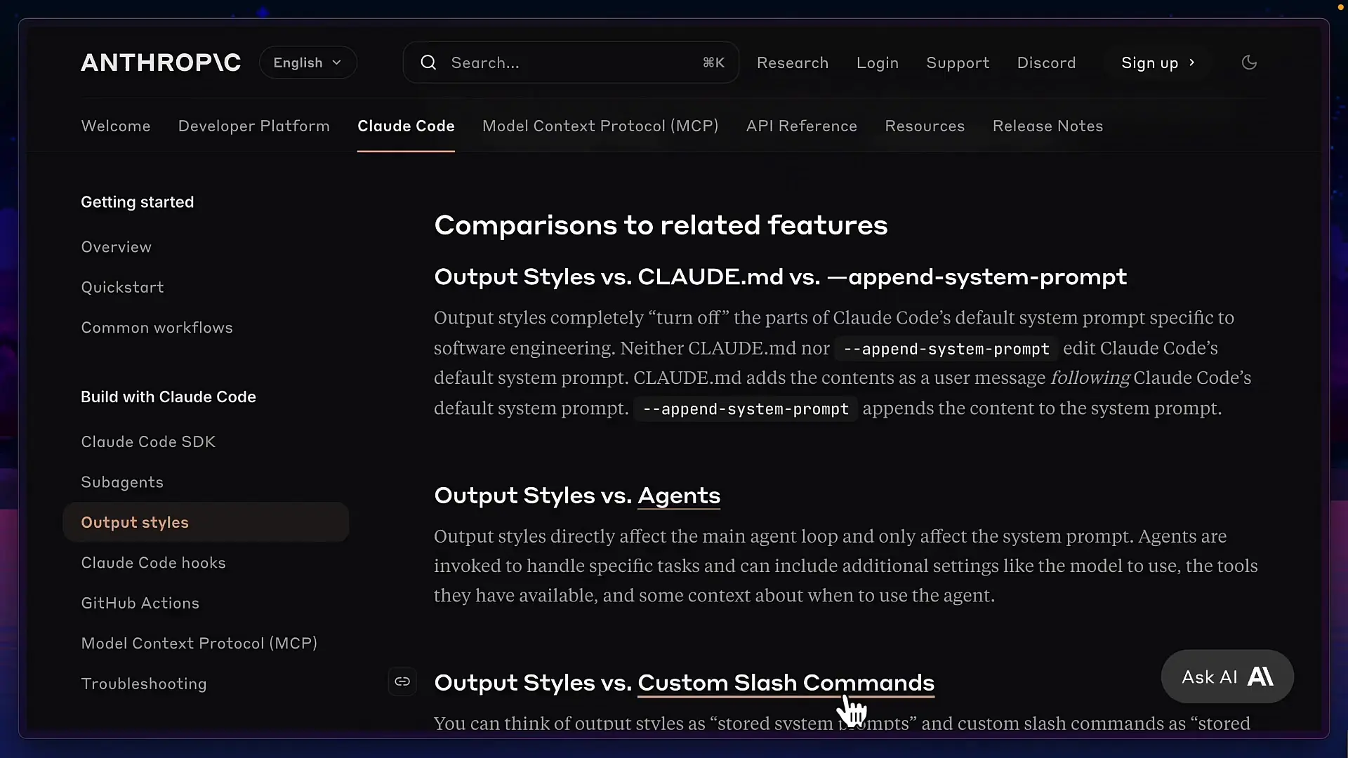 Custom output style configuration showing how to create personalized communication formats