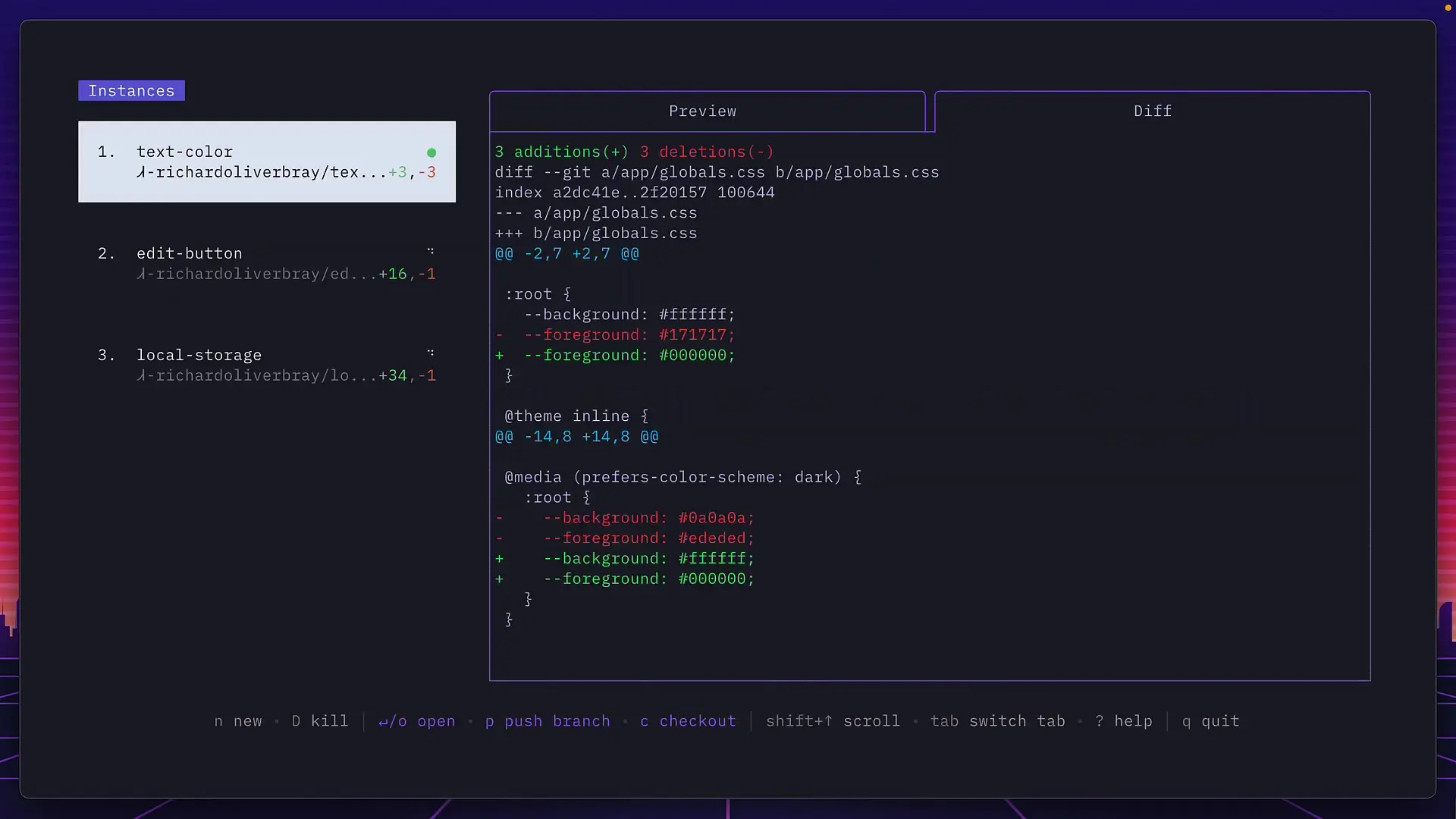 The changes view in Claude Squad showing code modifications made by the AI assistant