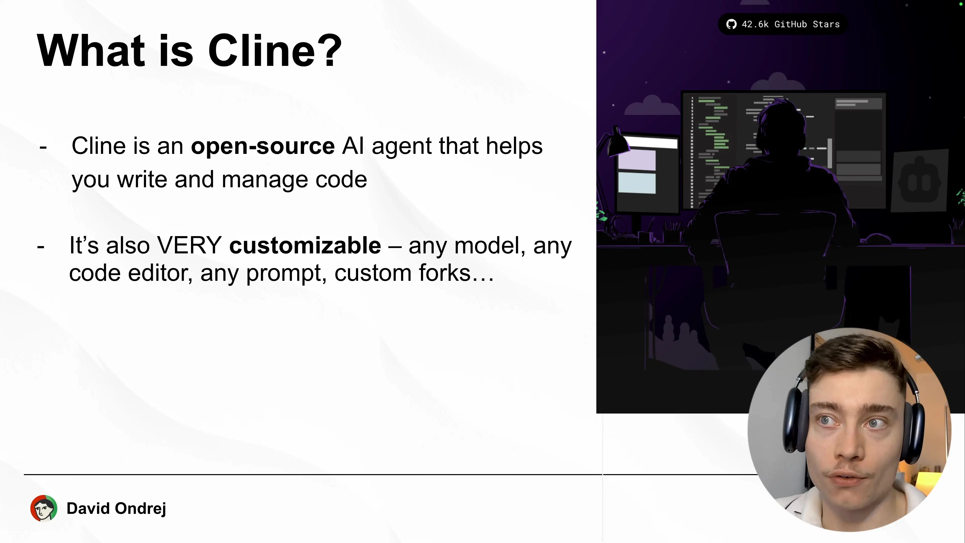 Cline AI introduction showing its impressive 42.6k GitHub stars and highlighting its key feature of customizability across different models, editors, and prompts
