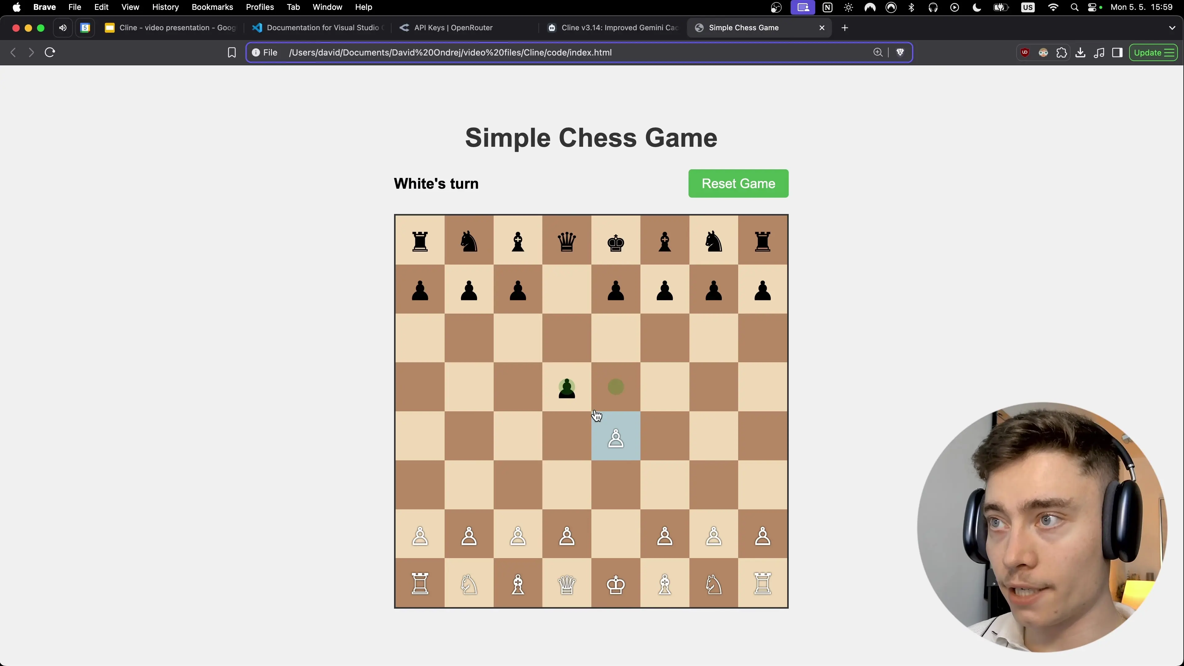 The completed chess application built entirely by Cline AI, featuring a fully functional chessboard with pieces in starting positions and turn indicators