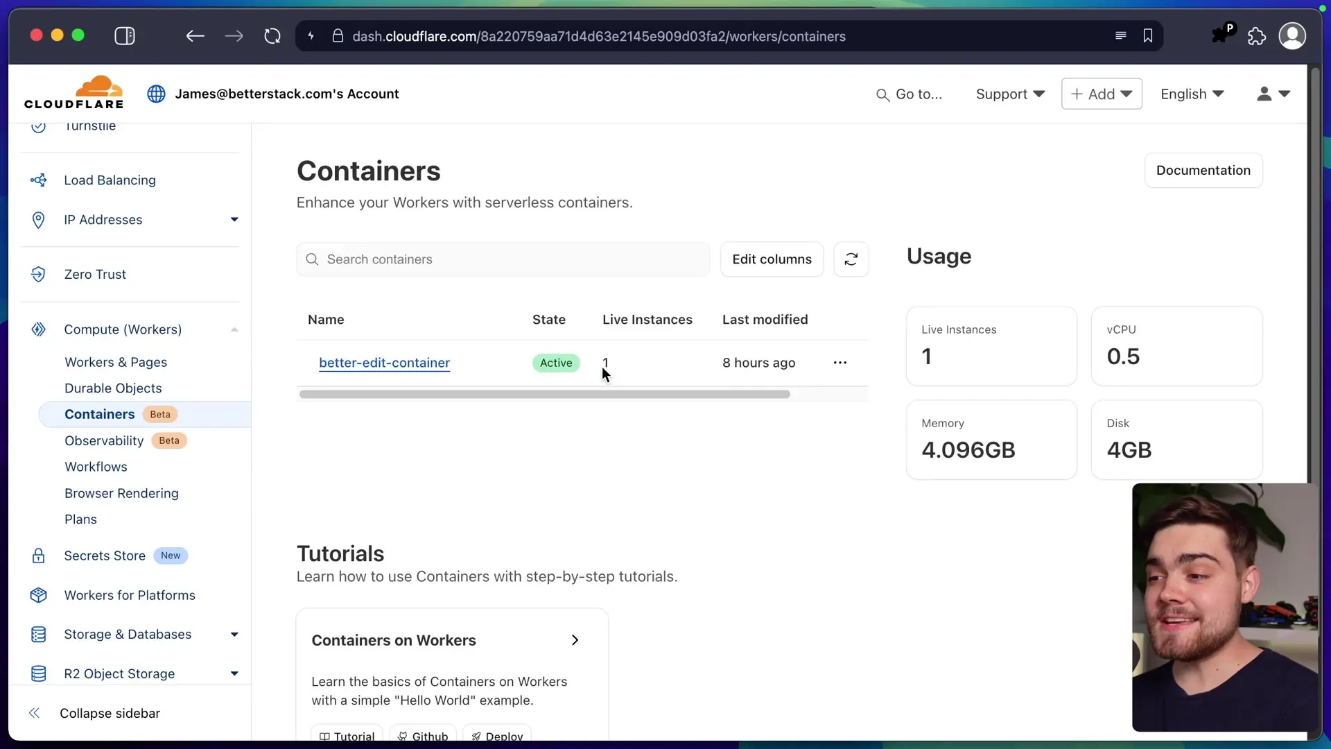 The Cloudflare dashboard showing the active container instance with monitoring metrics