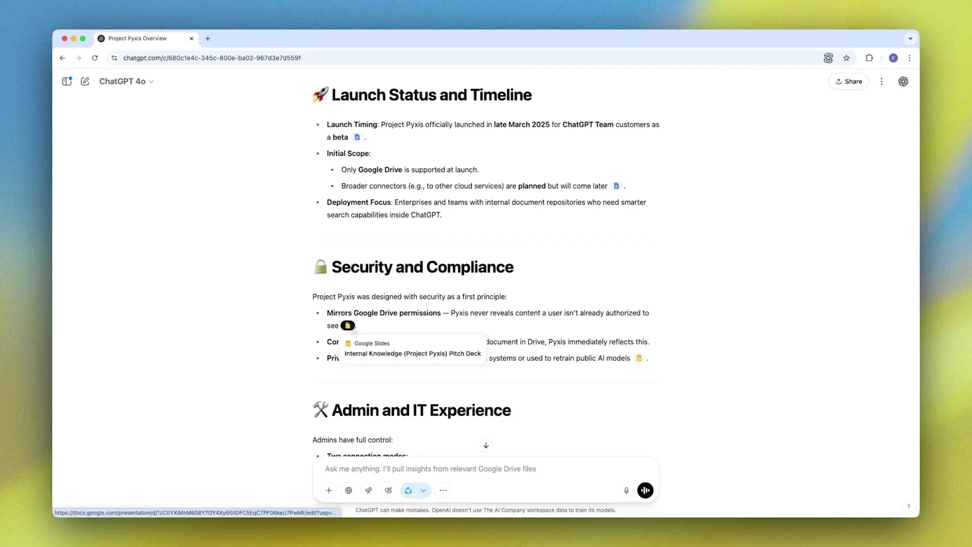 Project documentation interface showing how Google Drive knowledge management integration provides comprehensive project overviews with secure access to timeline information and key documents