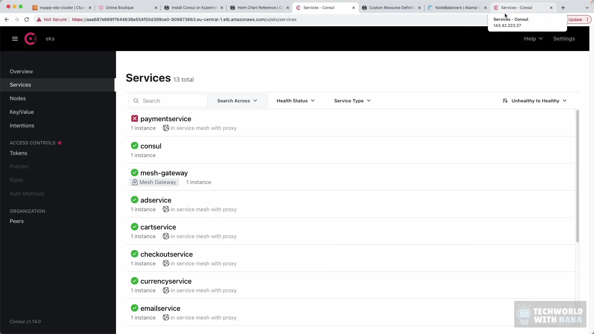 Consul dashboard showing connected clusters across different environments
