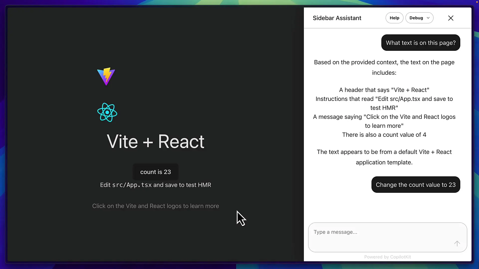 Copilot Kit integration with a React app showing the AI assistant sidebar that can read and manipulate application data in real-time