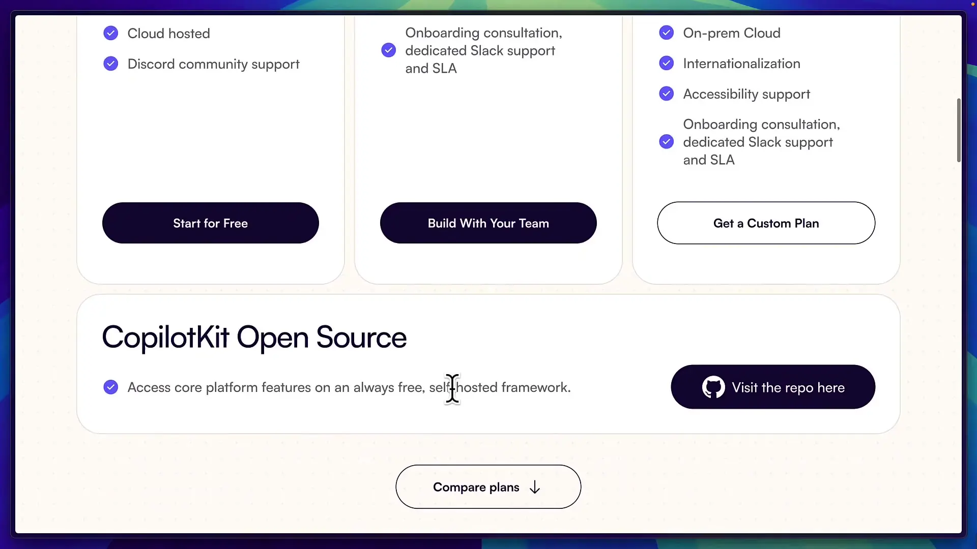 Copilot Kit deployment options showing how you can implement AI features in React applications through cloud-hosted, on-premises, or open-source solutions