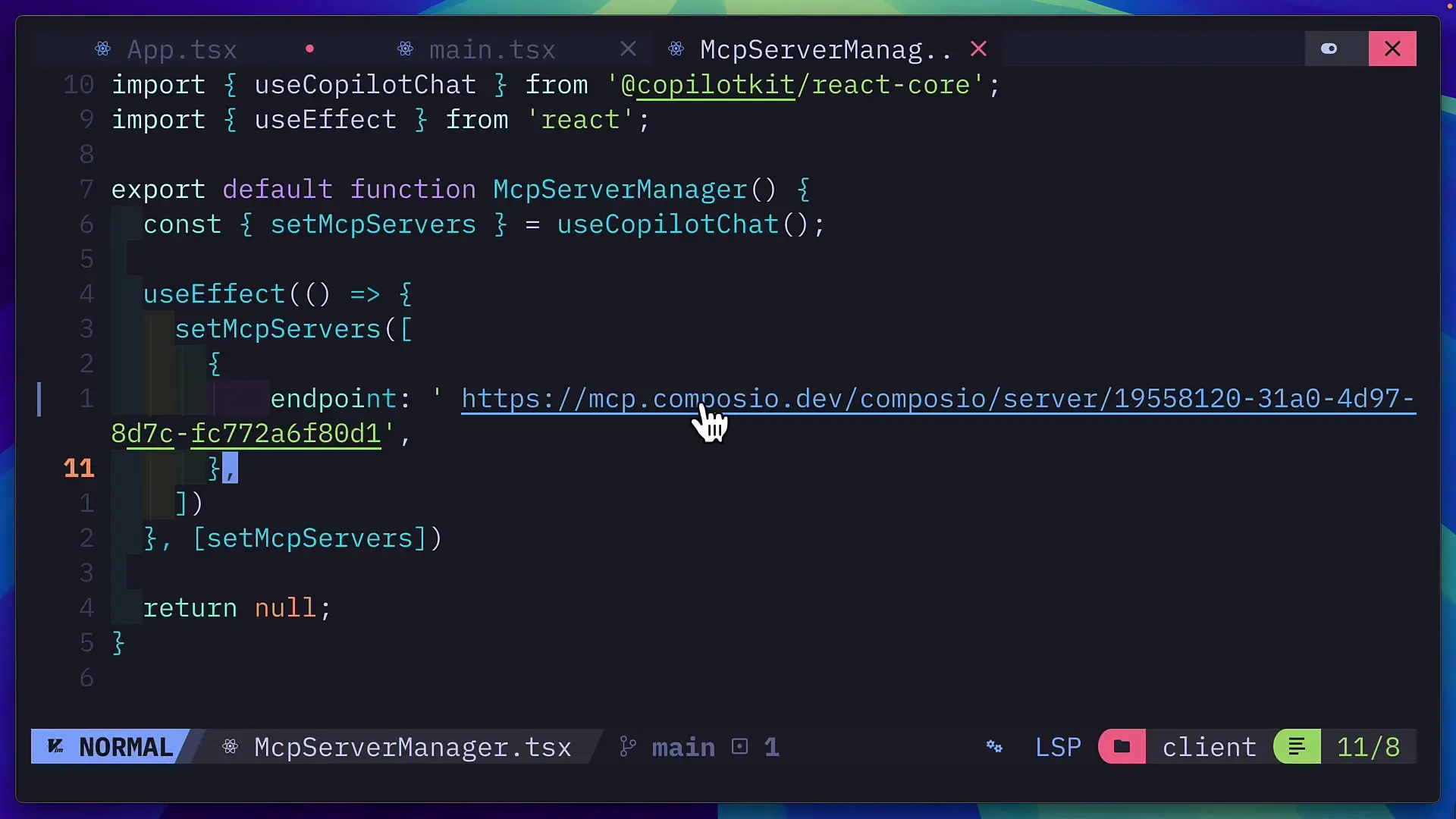 Code implementation showing how to set up Copilot Kit with React hooks to enable AI capabilities and MCP server connections