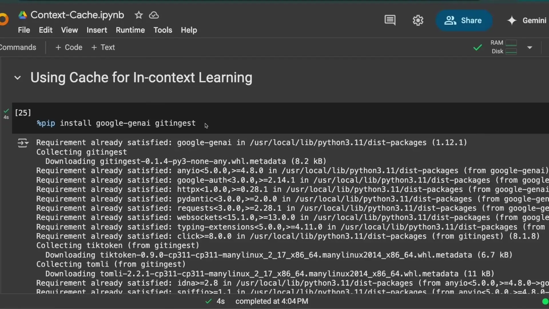 Python code showing how to set up a Gemini client and install necessary packages for implementing context caching