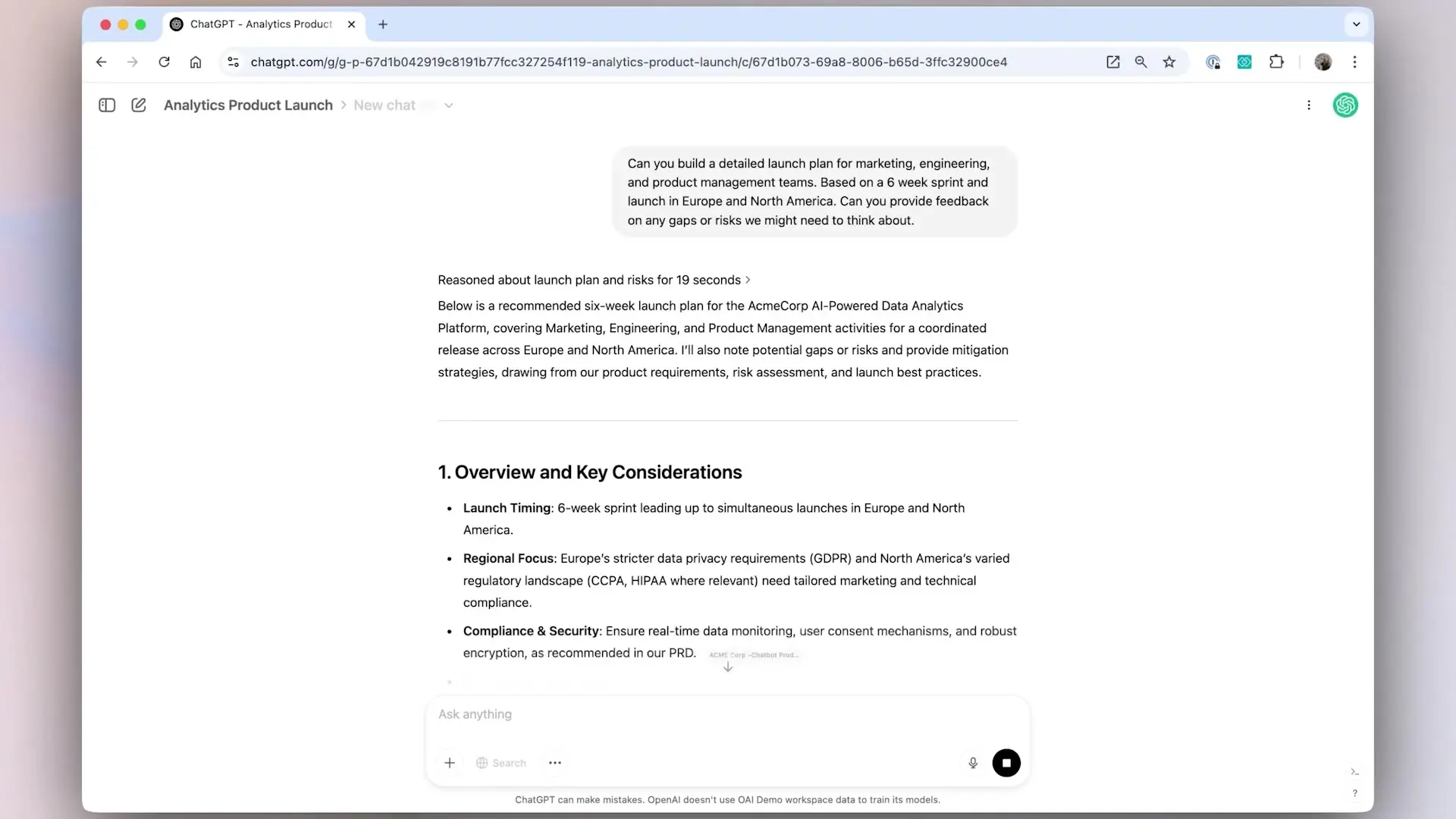 ChatGPT analyzing marketing and engineering requirements to generate a robust launch strategy