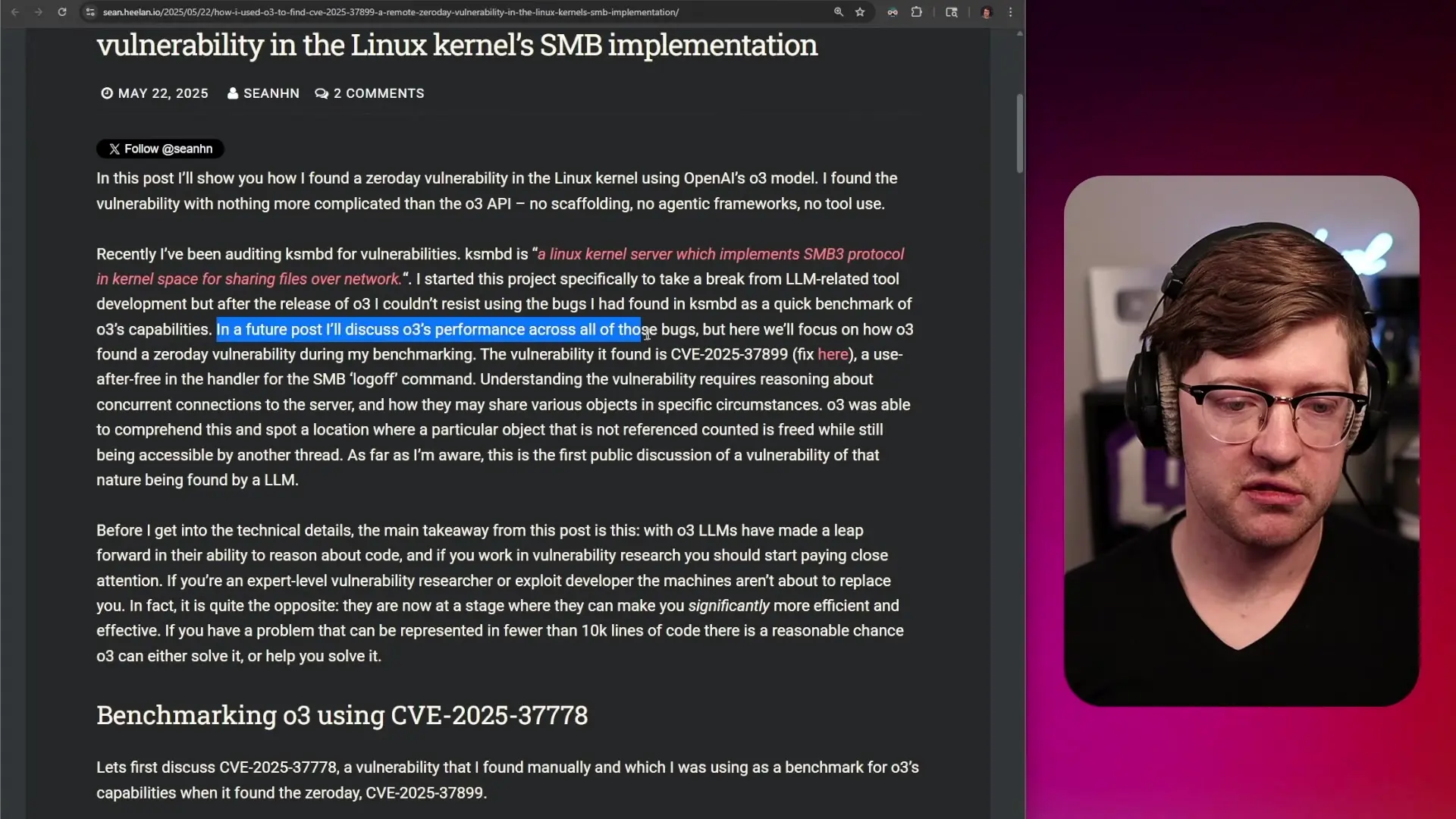 The article by Sean Healen details how OpenAI's O3 model discovered CVE-2025-37899, a remote zero-day vulnerability in the Linux kernel's SMB implementation without specialized frameworks.