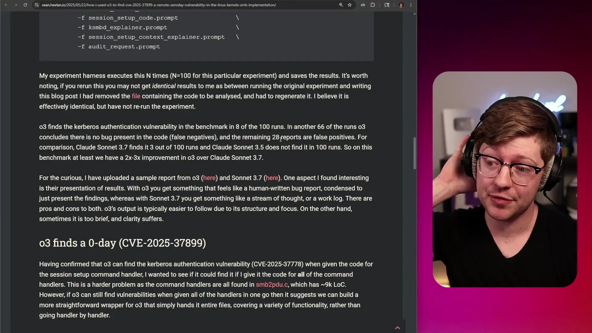 Code analysis documentation showing the vulnerability details, highlighting how the O3 model identified the specific conditions that could lead to the use-after-free vulnerability in the Linux kernel.