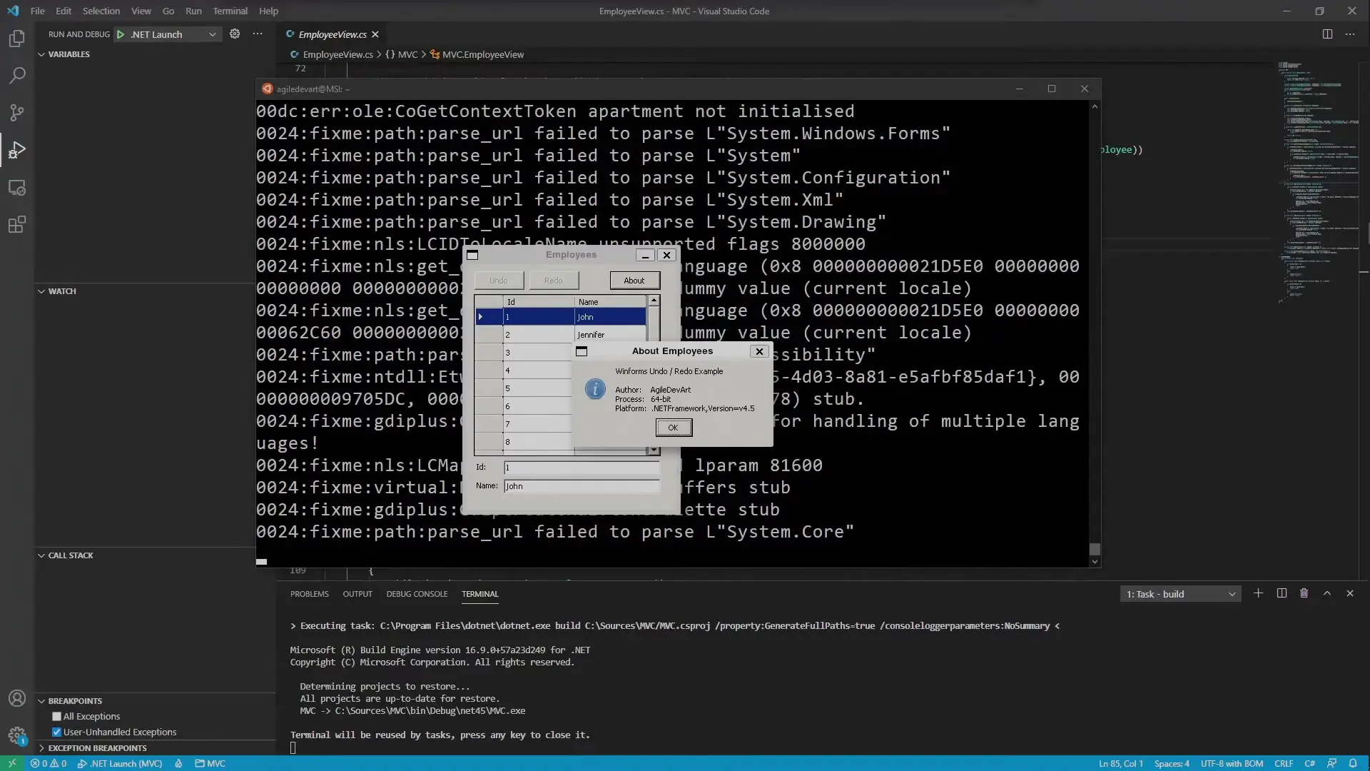 Debugging a WinForms application running in WSL2 with full symbol support
