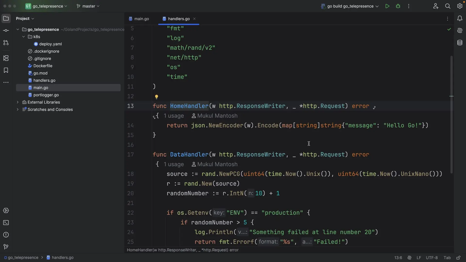 The data handler simulates production errors by generating random numbers and throwing exceptions when specific conditions are met