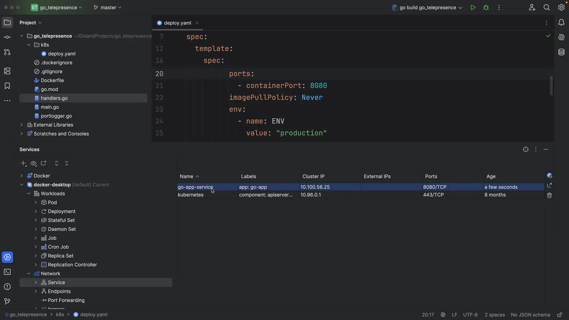Kubernetes services running with our deployed application ready for Telepresence interception